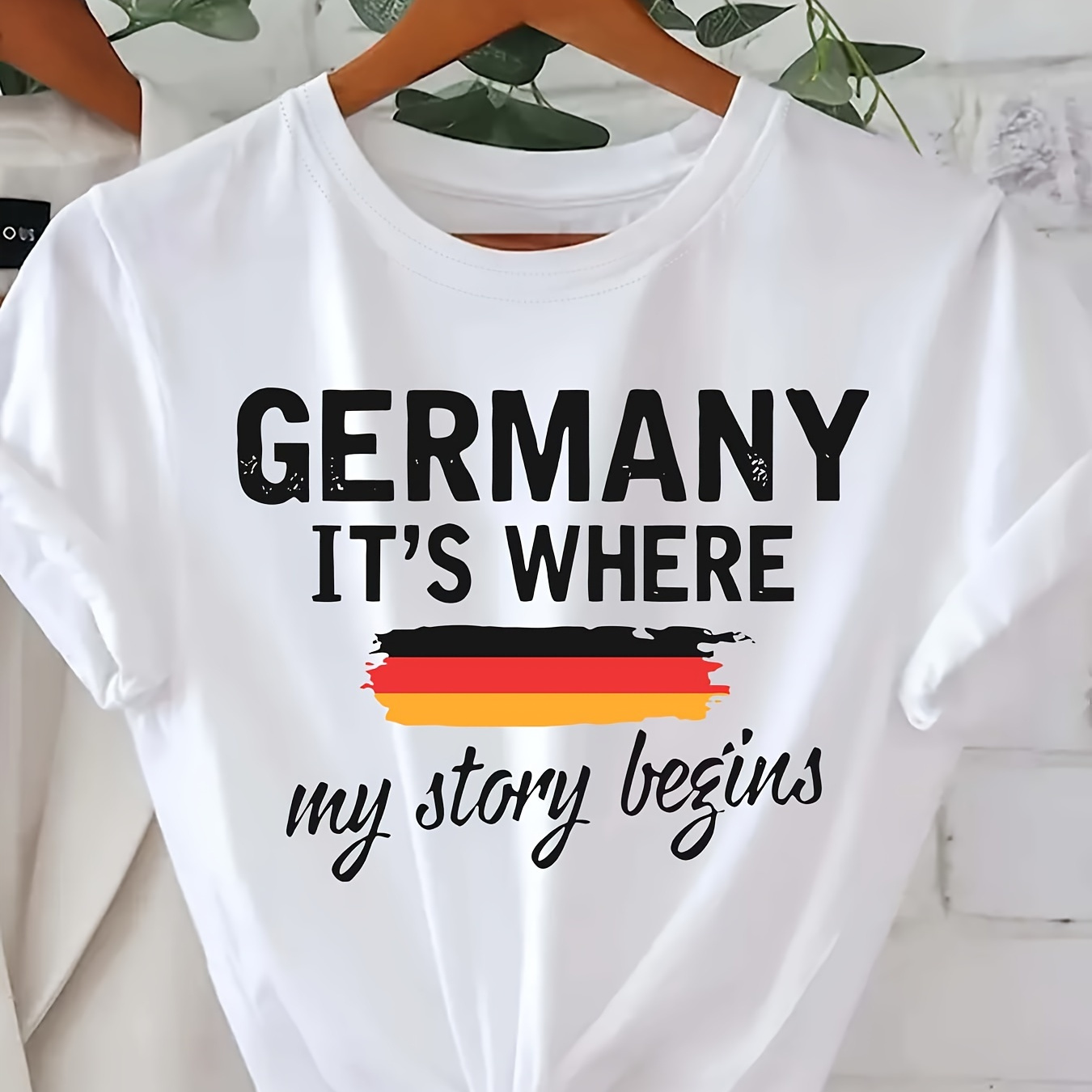 

Germany Print T-shirt, Short Sleeve Crew Neck Casual Top For Summer & Spring, Women's Clothing