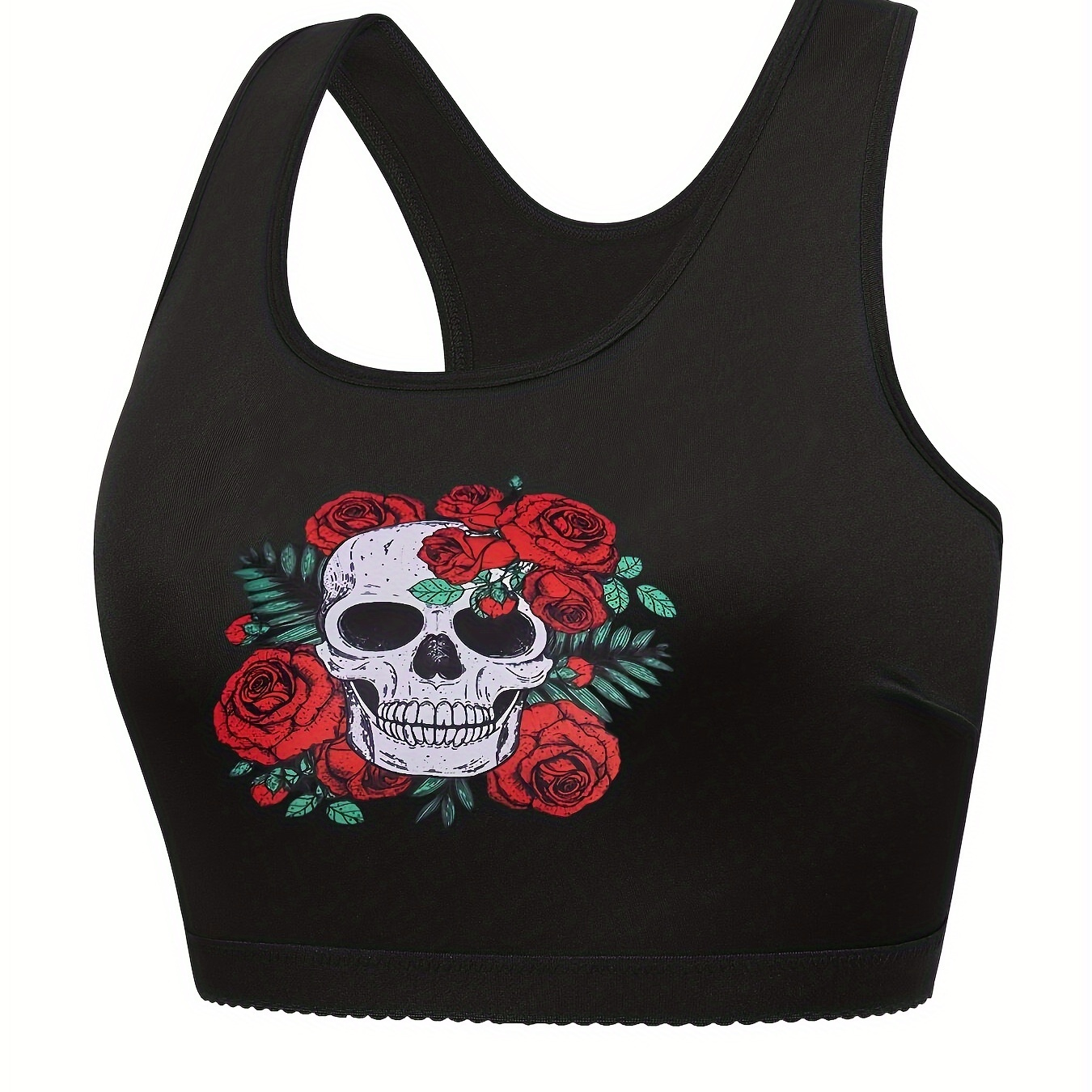 

Women's Plus Halloween Sports Bra, Plus Size Rose Skull Print Racer Back Seamless Bralette