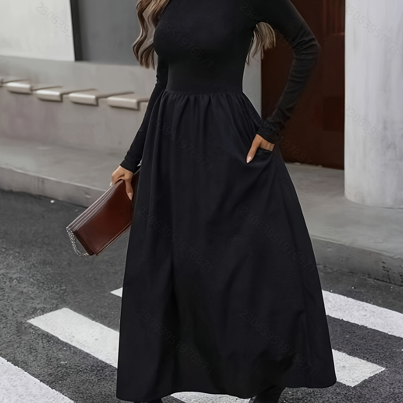 

Elegant Black Maxi Dress For Women - Chic Long Sleeve With Cinched Waist, Mock Neck, Solid Color, Polyester , Machine Washable, Fall, Fashion|chic Long Dress|polyester Dress