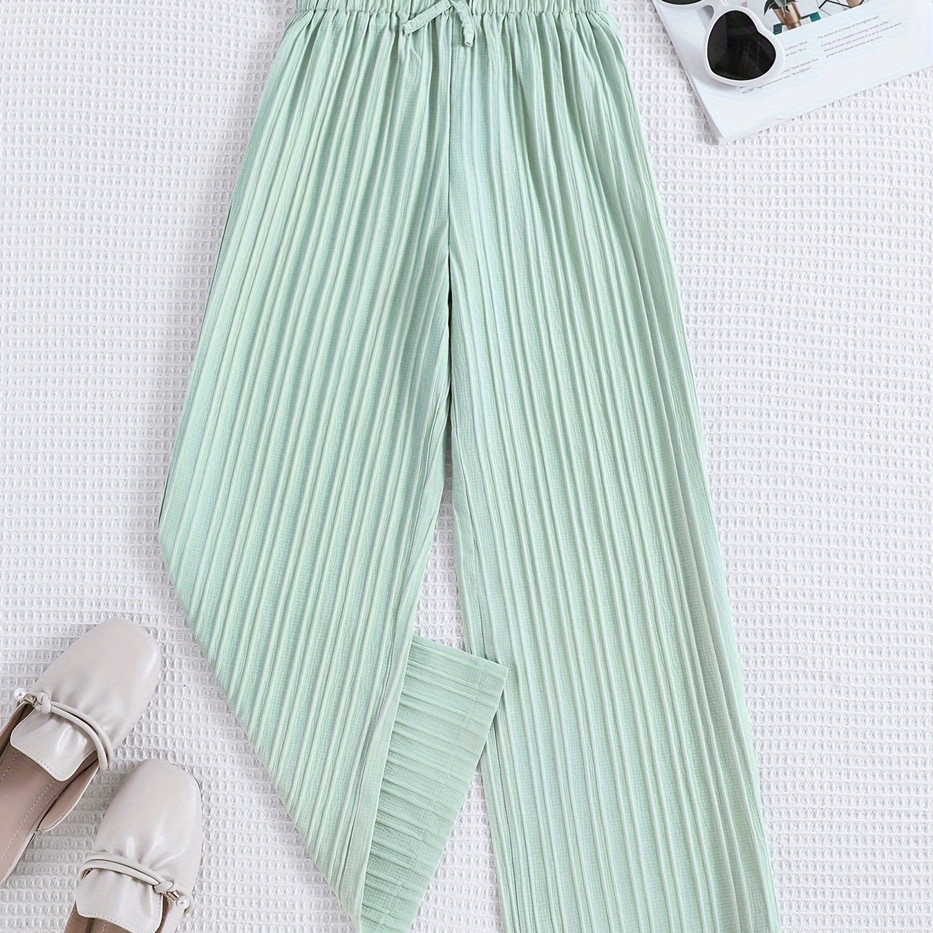 

Girls Comfy & Loose Solid Colored Drawstring Wide Leg Textured Ribbed Pants For Spring & Summer & Holiday