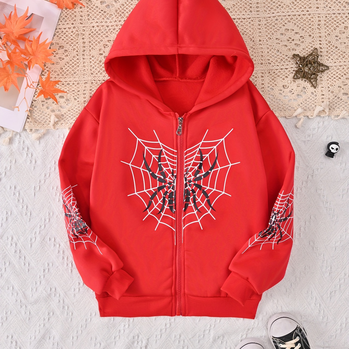 

Kids Girls Spider Web Print Fleece Hooded Sweatshirt Jacket For Autumn Winter, Kids Fashion Top