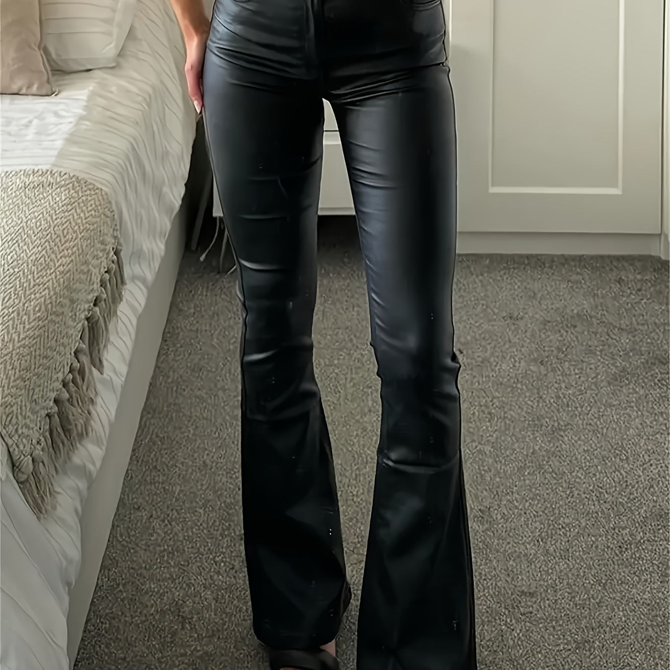 

Women's High Stretch Leather Flare Jeans, Solid Color, Button Detail, Woven Bell Bottoms With Pockets