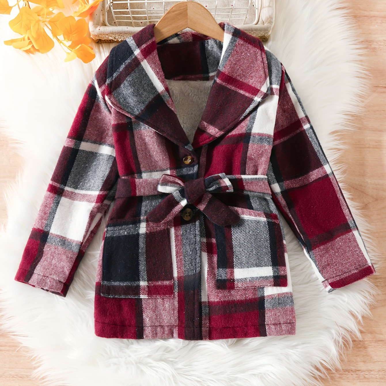 Fur lining winter deals warm plaid coat