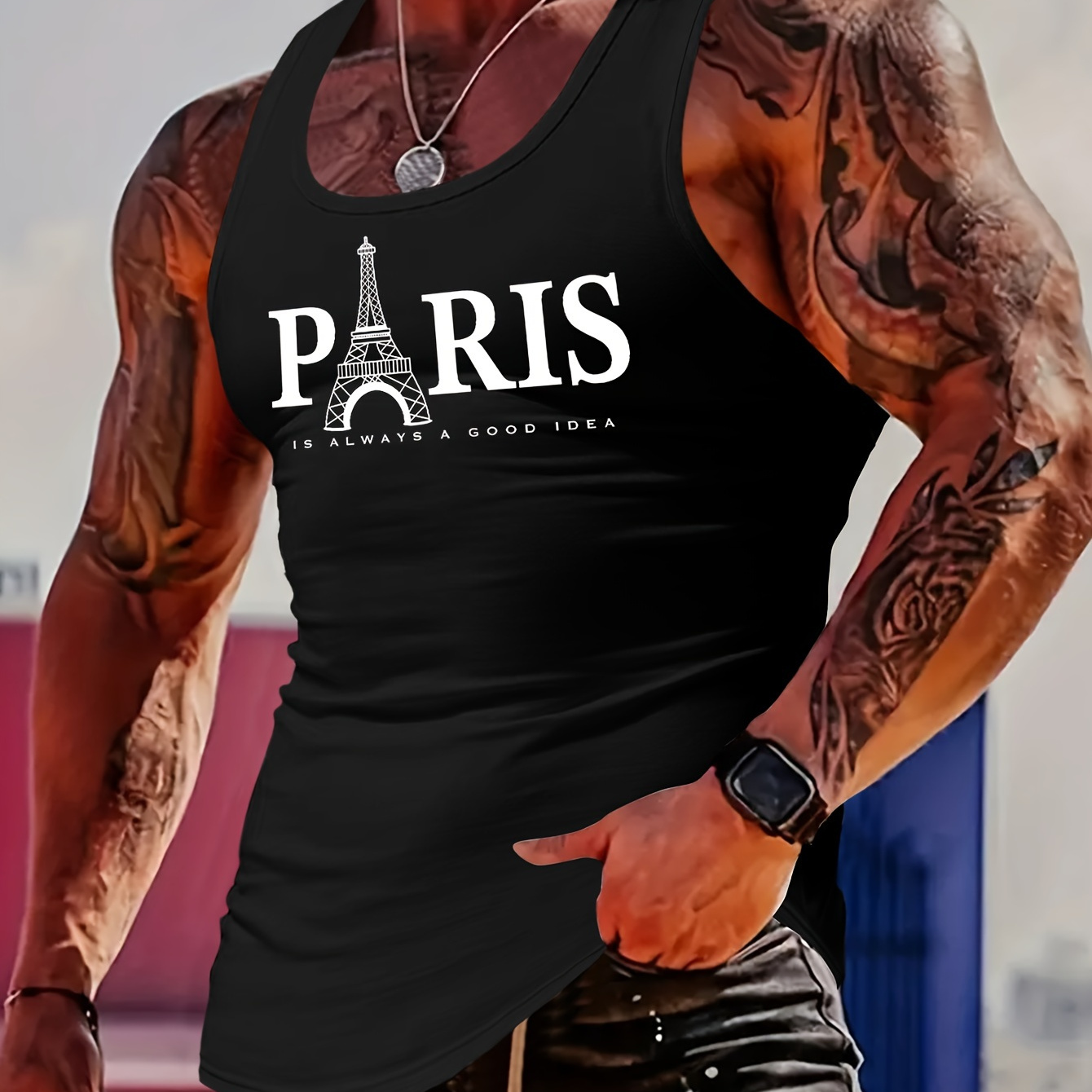 

Men's Fashion Eiffel Tower Graphic Sleeveless Tank Top, Casual Slim-fit Muscle Shirt Narrow Shoulder Straps Breathable Vest For Gym Fitness