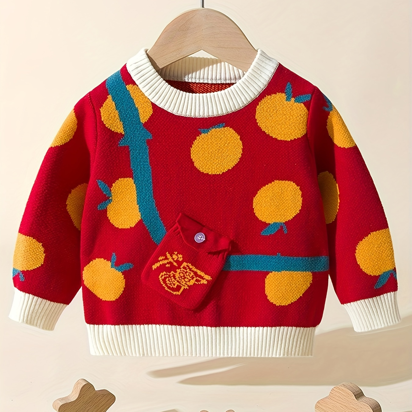 

Girls Boys Cute Graphic Knit Sweater, Toddler Baby's Cotton Pullover Bottoming Top, Cheerful New Year Street Trendy Kid's Sweater
