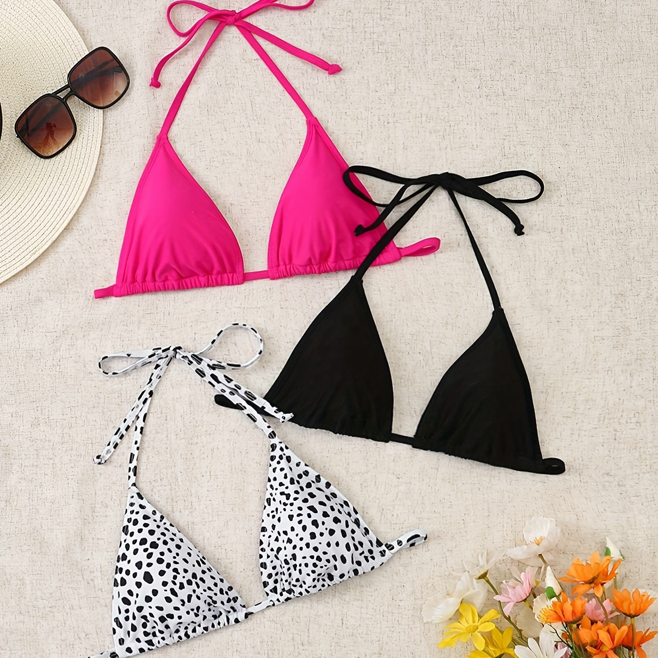 

3pcs Triangle Bikini Sets, Adjustable Tie-back Swimwear, Women's Two-piece Bathing Suits Polka Dots, Summer Beachwear