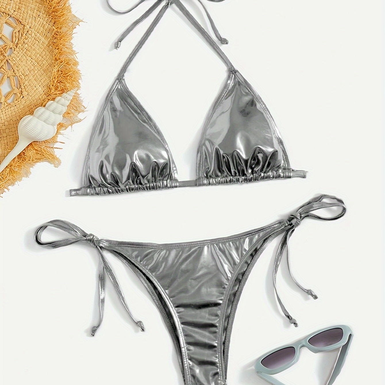 

Metallic Color Triangle 2 Piece Set Bikini, Halter V Neck Tie Back Backless Tie Side High Cut Swimsuits, Women's Swimwear & Clothing