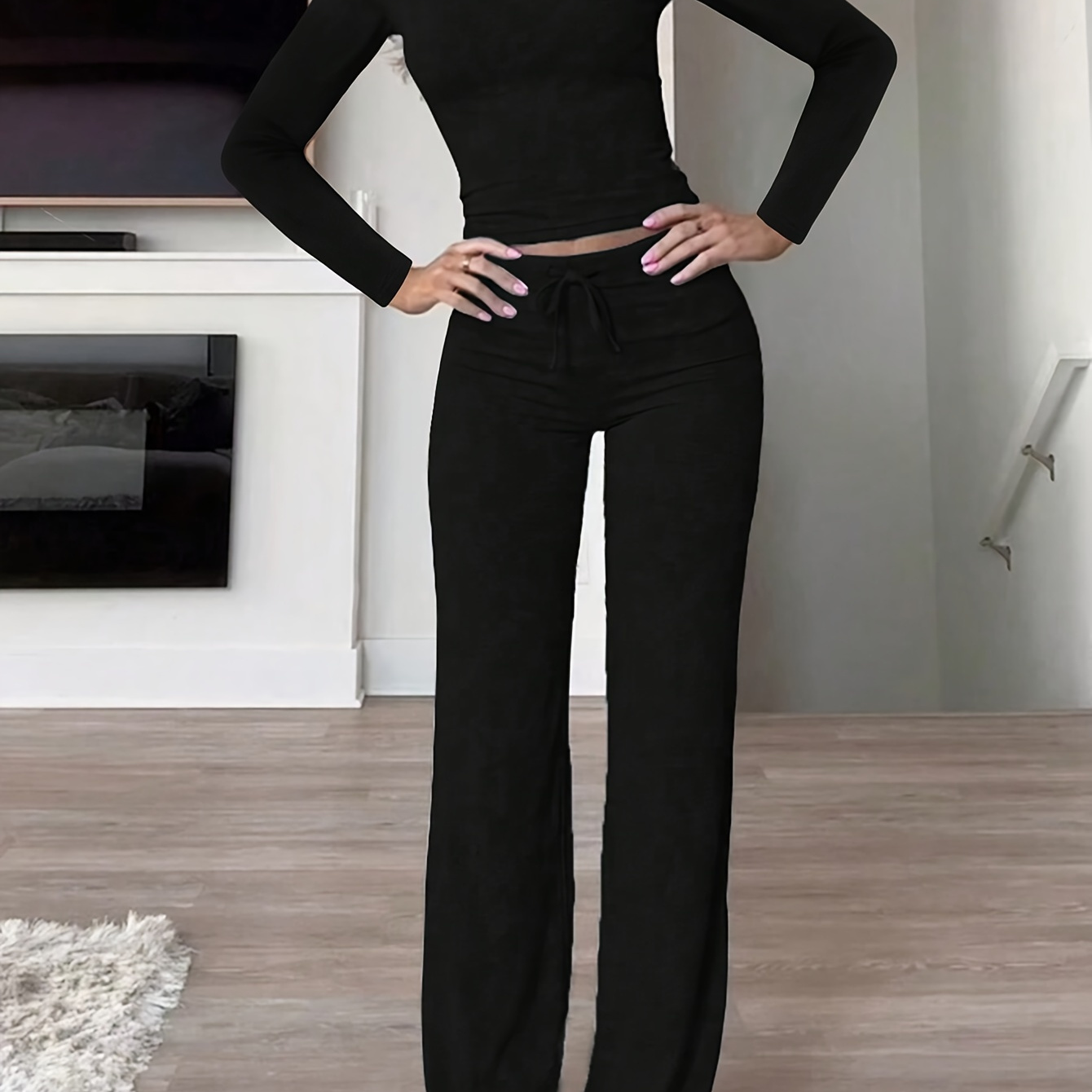 

Women's Cropped Top And Flared Pants Set, Polyester , , Round Neck, Solid Color, Long Sleeves, No Belt, Autumn/winter Collection, Knitted Fabric