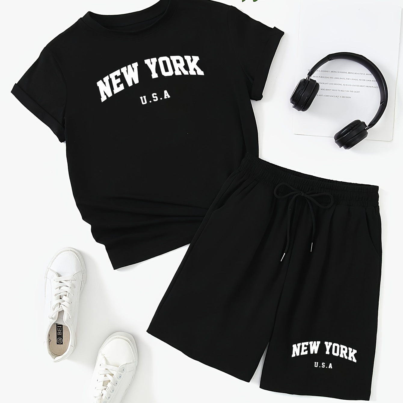 

2-piece Summer Women's Casual Sportswear Set, Letter Graphic Short Sleeve T-shirt & Shorts Outfit