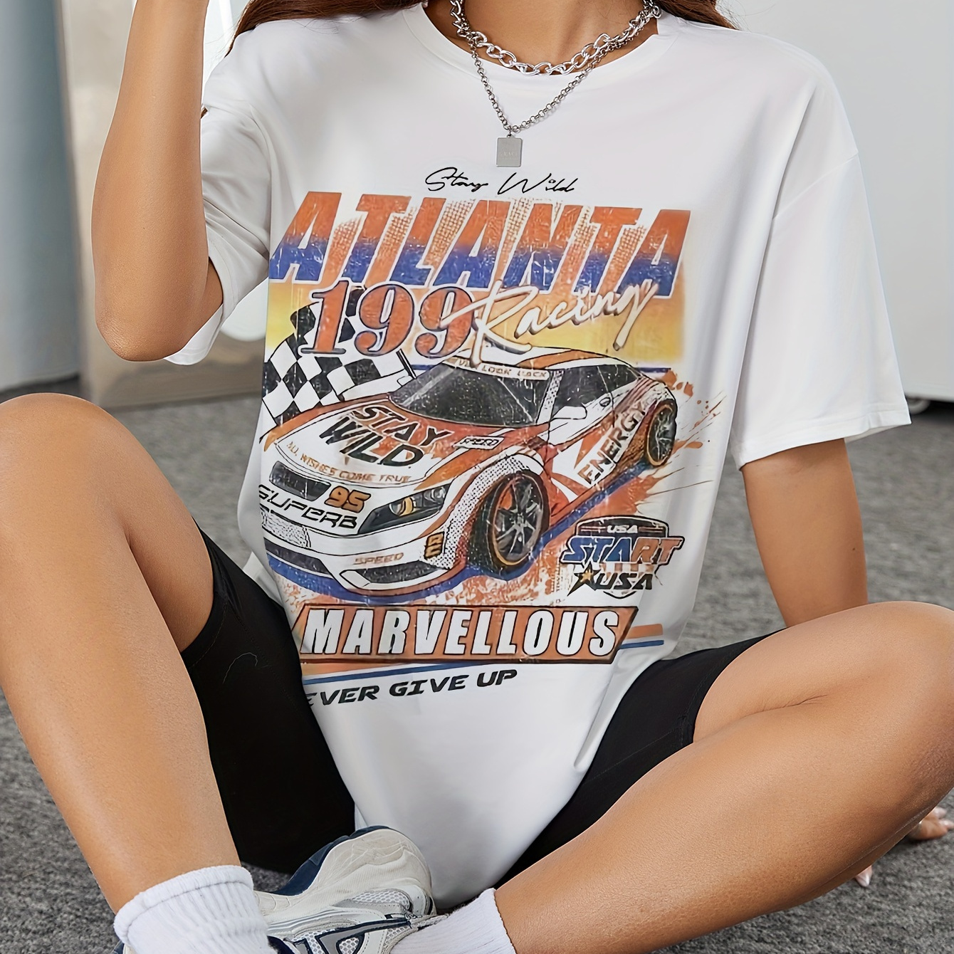 

Racing Car Print Crew Neck T-shirt, Short Sleeve Casual Top For Spring & Summer, Women's Clothing