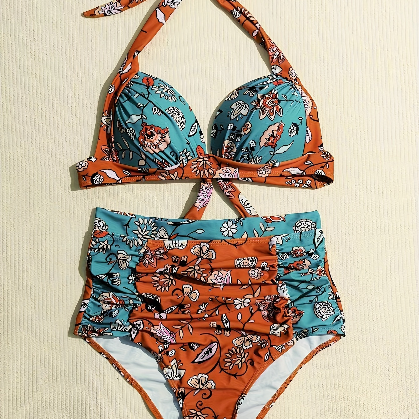 

Floral Pattern 2 Piece Set Bikini, Halter V Neck Tie Back Backless High Waist Swimsuits, Women's Swimwear & Clothing