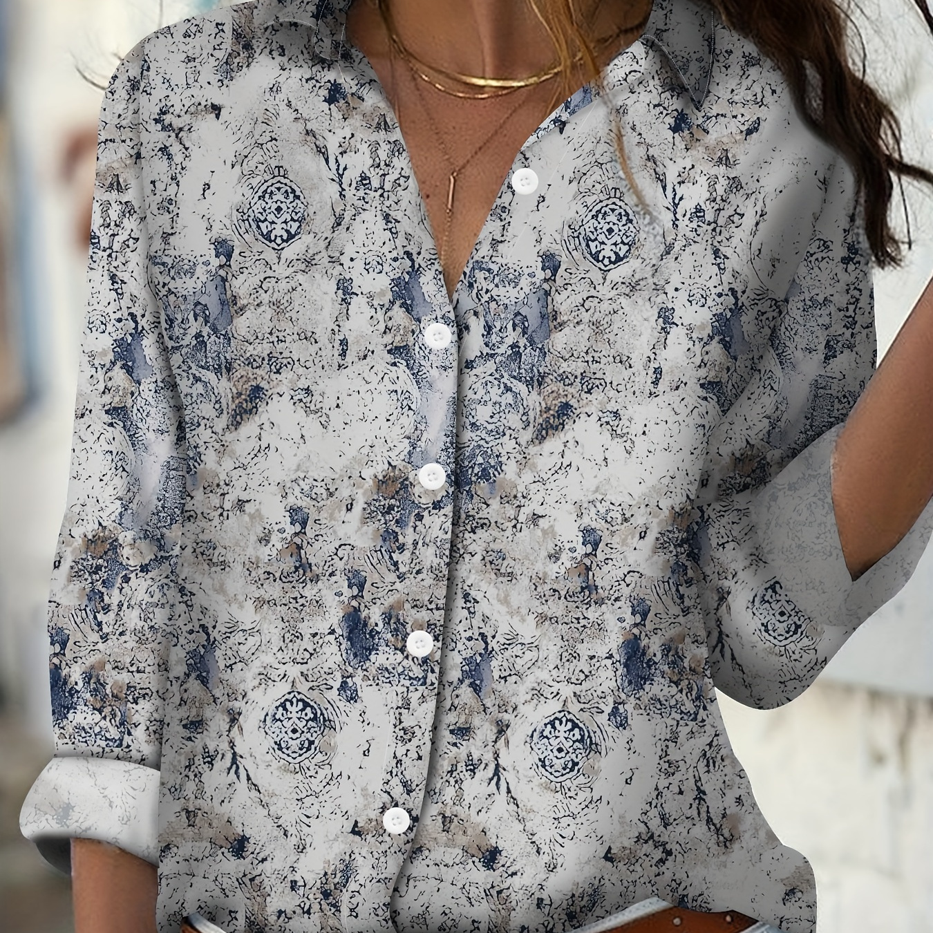 

Print Button Front Blouse, Vintage Long Sleeve Blouse For Spring & Fall, Women's Clothing