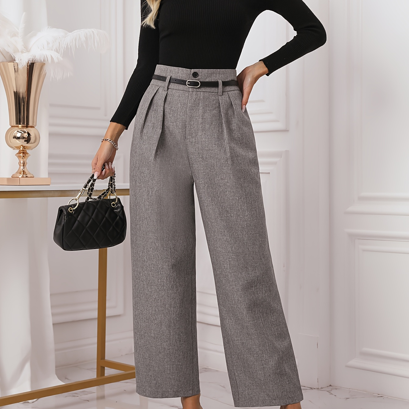 

Women's Elegant High-waisted Grey Wide-leg Pants, Polyester 100%, Casual Straight Cut With Button Detail, No Belt, Fashion, Adult Sizes, Woven Fabric, 150gsm