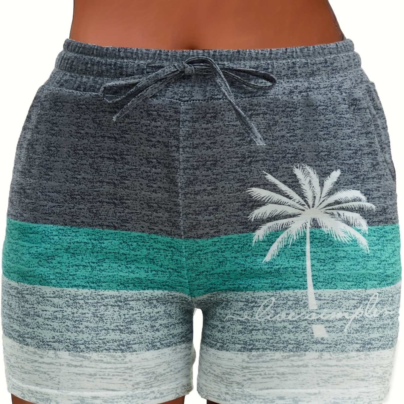 Color Block Coconut Tree Print Shorts, Casual Drawstring Shorts For Spring & Summer, Women's Clothing