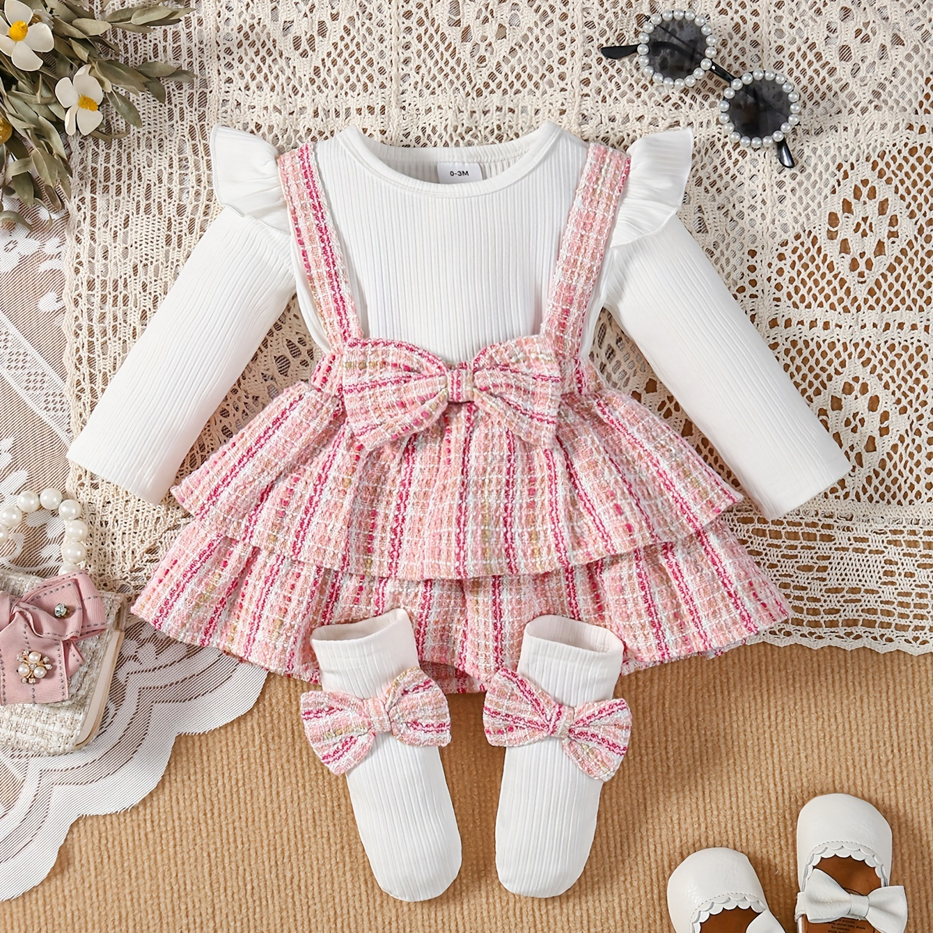 

2pcs 's Bowknot Suspender Skirt + Ribbed Long Top & , Toddler & Infant Girl's Set For ,