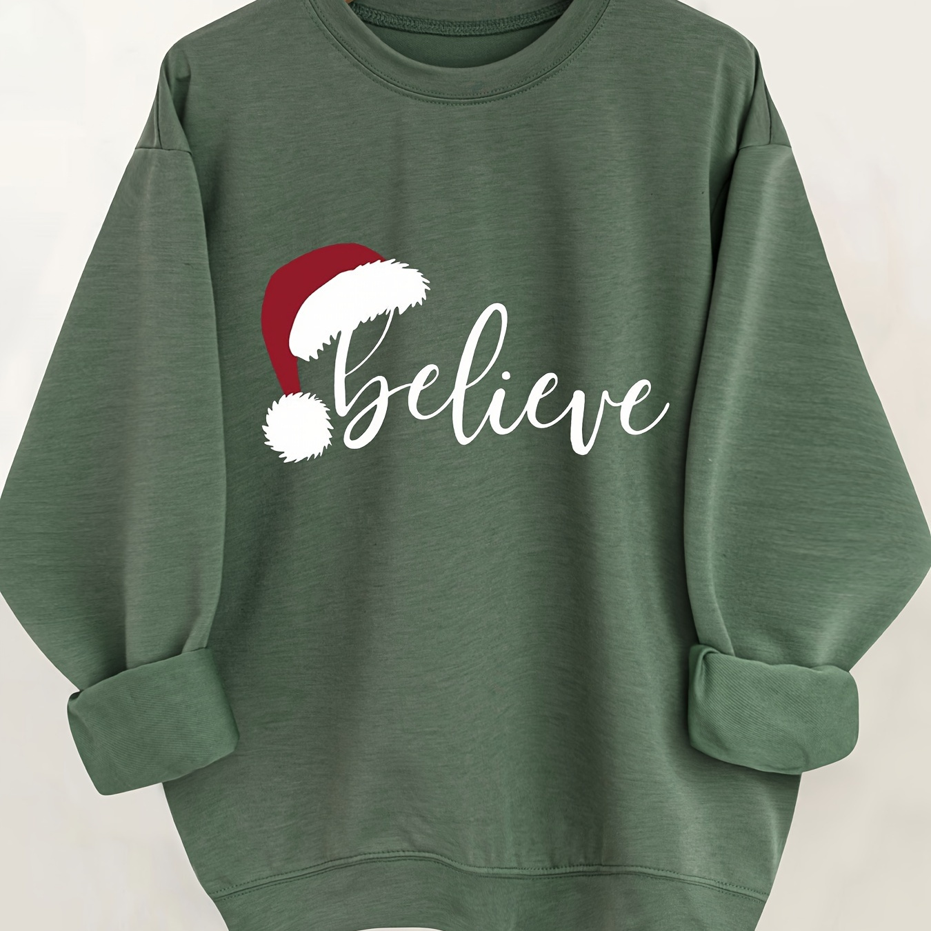 

Christmas Hat & Letter Print Pullover Sweatshirt, Casual Long Sleeve Crew Neck Sweatshirt For Fall & Winter, Women's Clothing