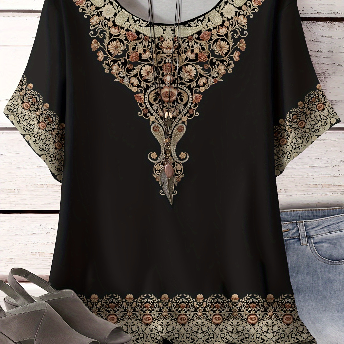 

Plus Size Paisley Neck T-shirt, Casual Short Sleeve Top For , Women's Plus Size Clothing