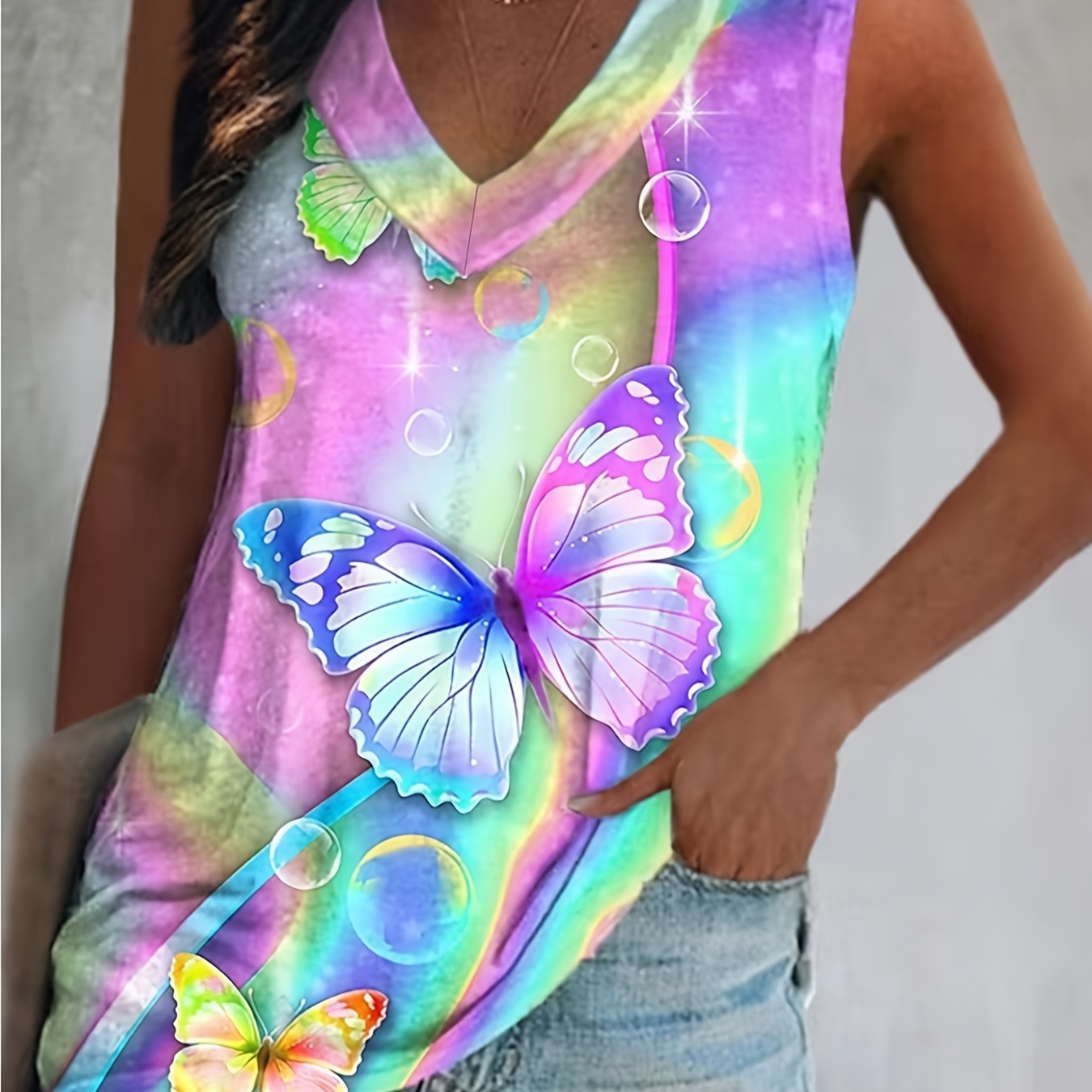 

Graphic Print Tank Top, Vacation V Neck Sleeveless Top, Women's Clothing