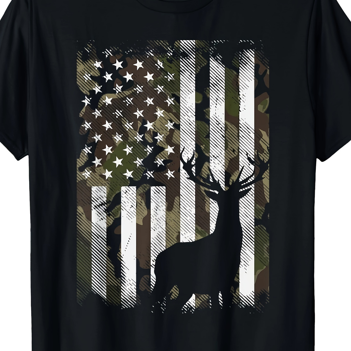 

Camouflage American Flag Deer Elk Stag Camouflage Hunting Hunter Dad Gift Short Sleeve T-shirt