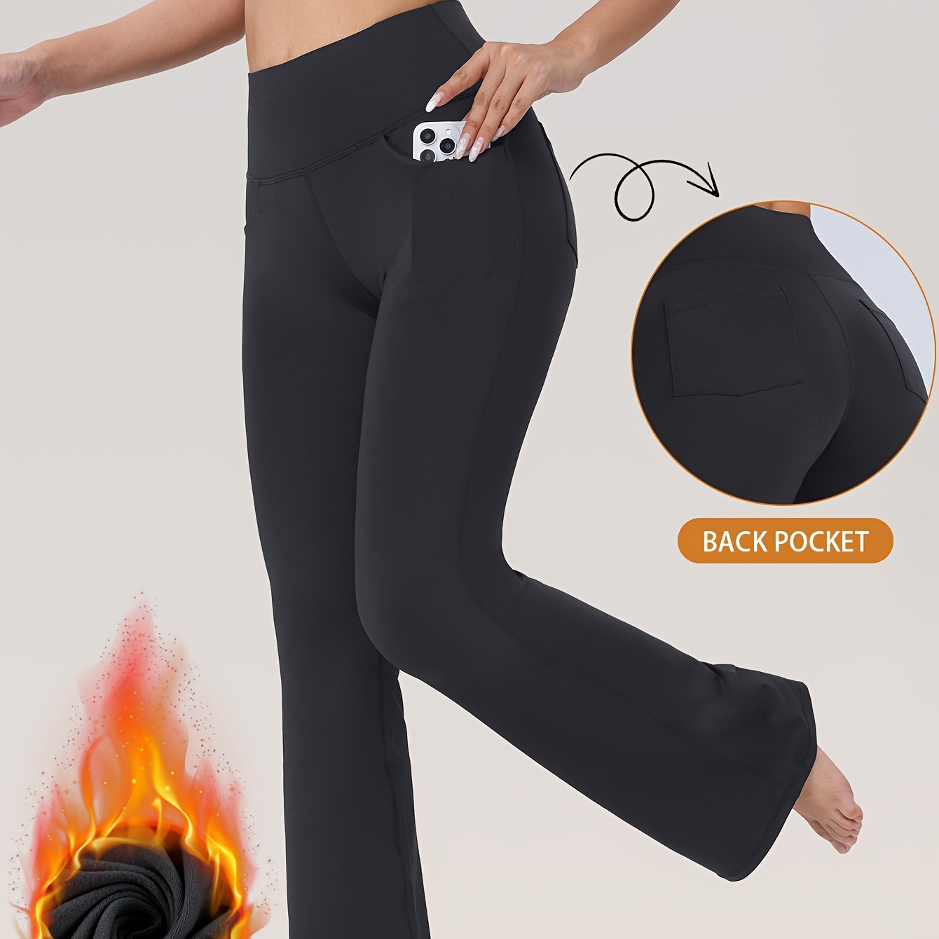

High Waist Fleece-lined Yoga Pants For Women, Polyester & Elastane , Solid Color, High Stretch, Sports Style, Knit Fabric, 230g/m², With Pockets, For Fall & Winter , Casual Athletic Trousers
