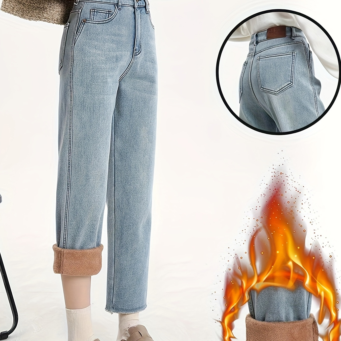 

Straight Leg Plush Lined Washed Blue Casual Style Zipper Button Closure Denim Pants For Winter, Women's Denim Jeans & Clothing