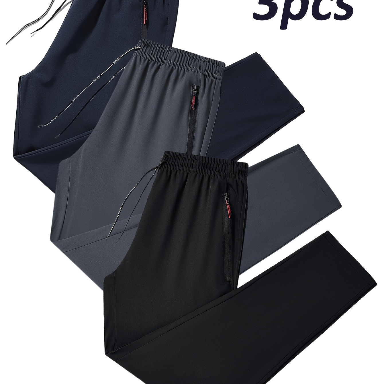 

3pcs Joggers Athlétiques pour Hommes - Respirants, Amincissants, Pantalons de Course Tendance avec Détails de Fermeture Éclair, Bleu Marine & Noir, Tissu en Polyester pour & le Port Décontracté