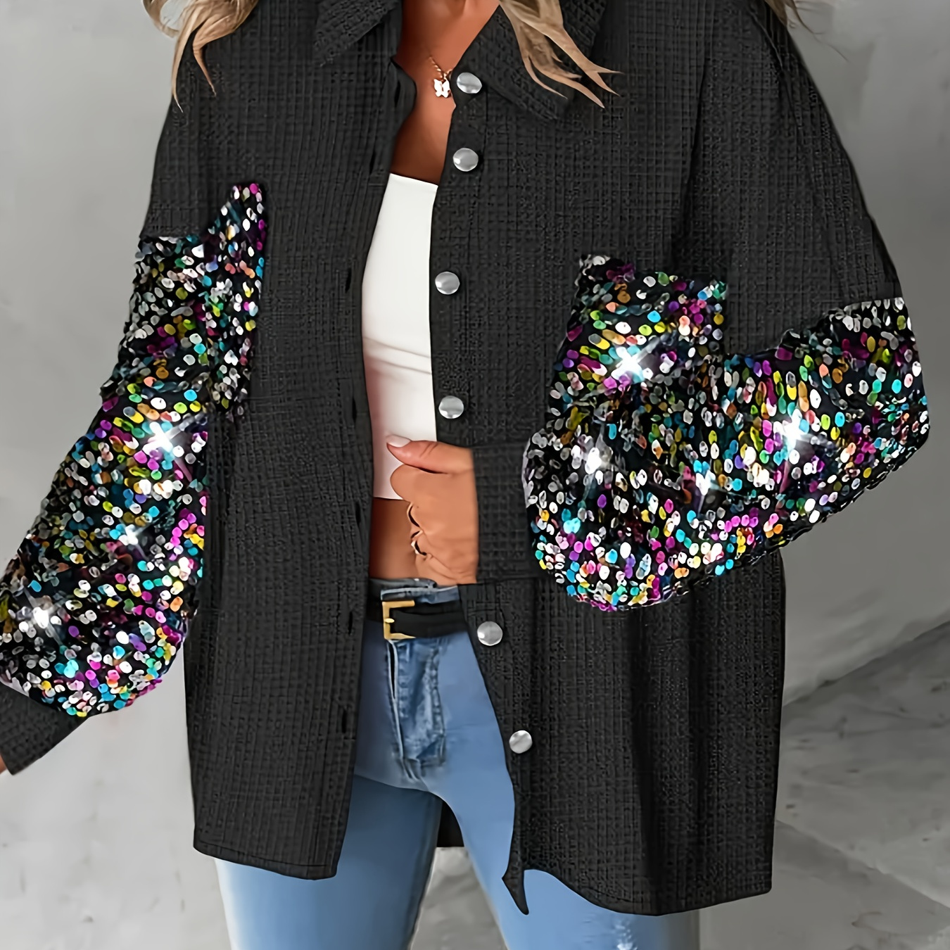 

Sequin Decor Button Front Blouse, Casual Long Sleeve Blouse For Spring & Fall, Women's Clothing