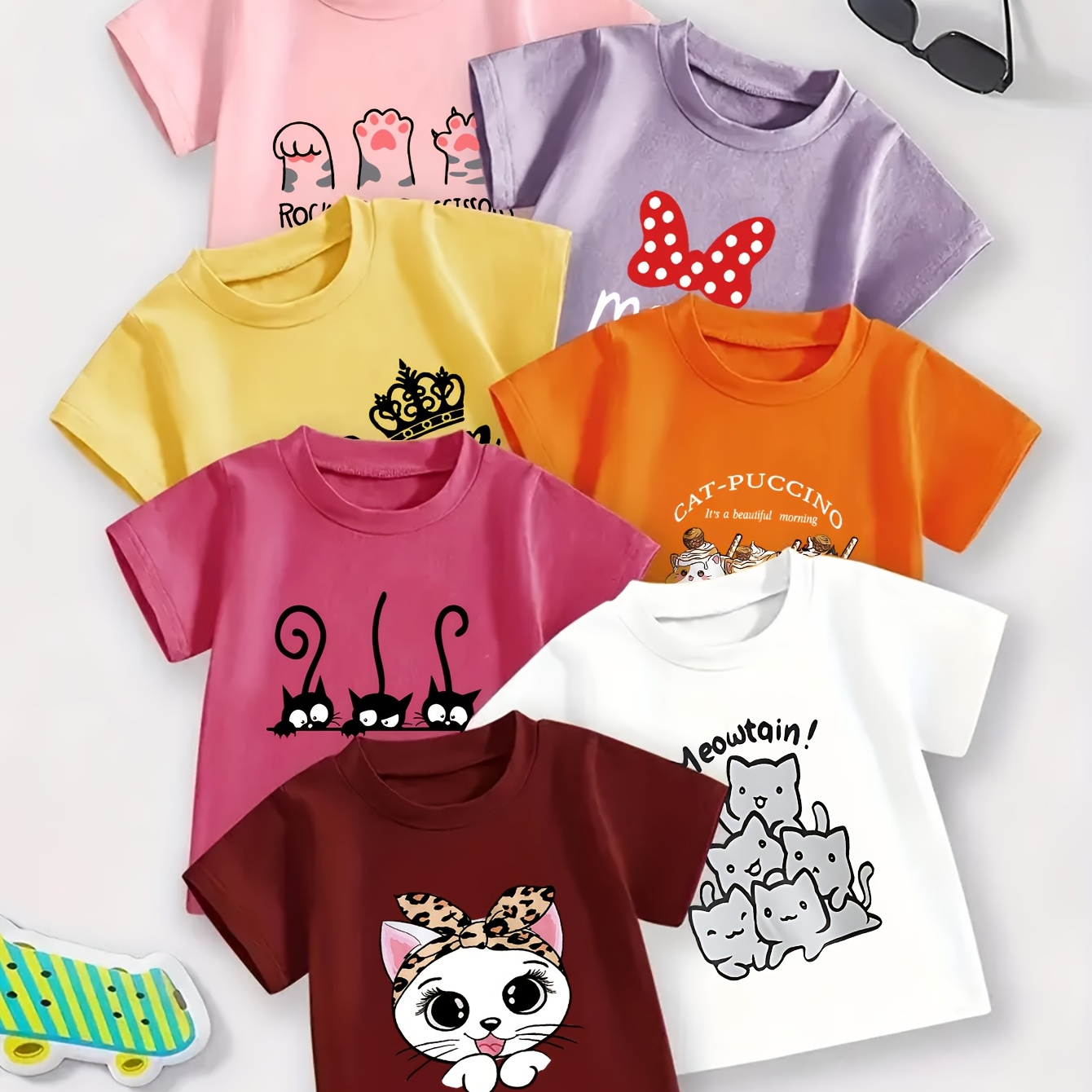 

Set Of 7 Stylish Casual T-shirts For Baby Girls - Made From Comfortable Knit Fabric, Machine Washable, Featuring Cute With A Summer Round Neck Design.