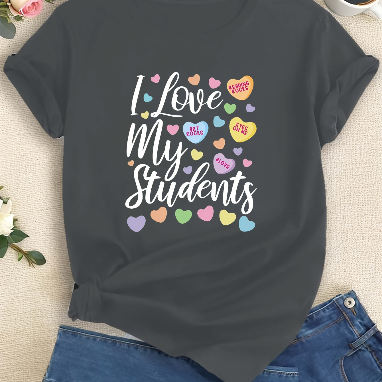 

I Love My Students Print T-shirt, Short Sleeve Crew Neck Casual Top For Summer & Spring, Women's Clothing