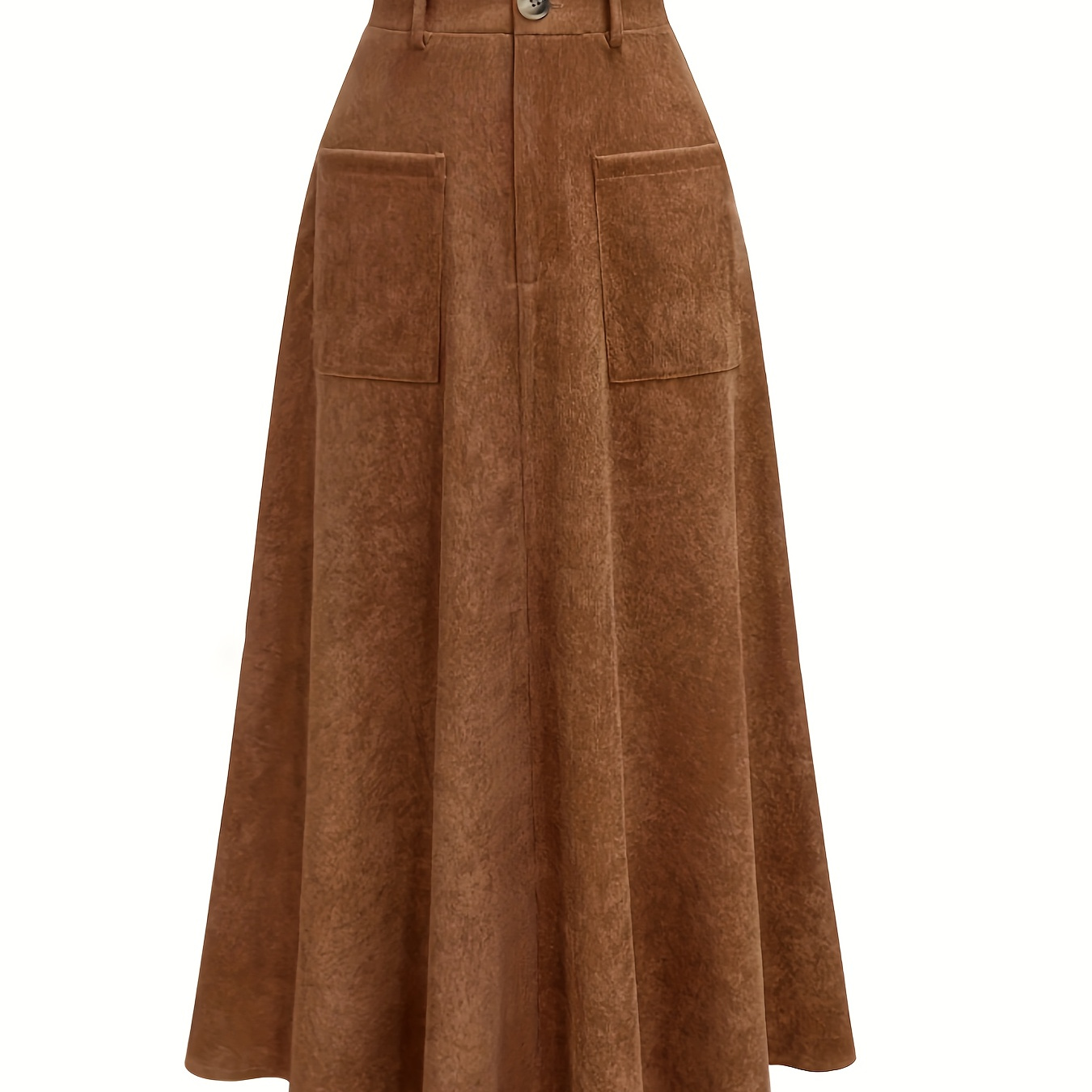 

Elegant High-waist A-line Skirt For Women - Slimming Brown Corduroy Midi With Pockets, Non-stretch Polyester, Machine Washable - Chic &