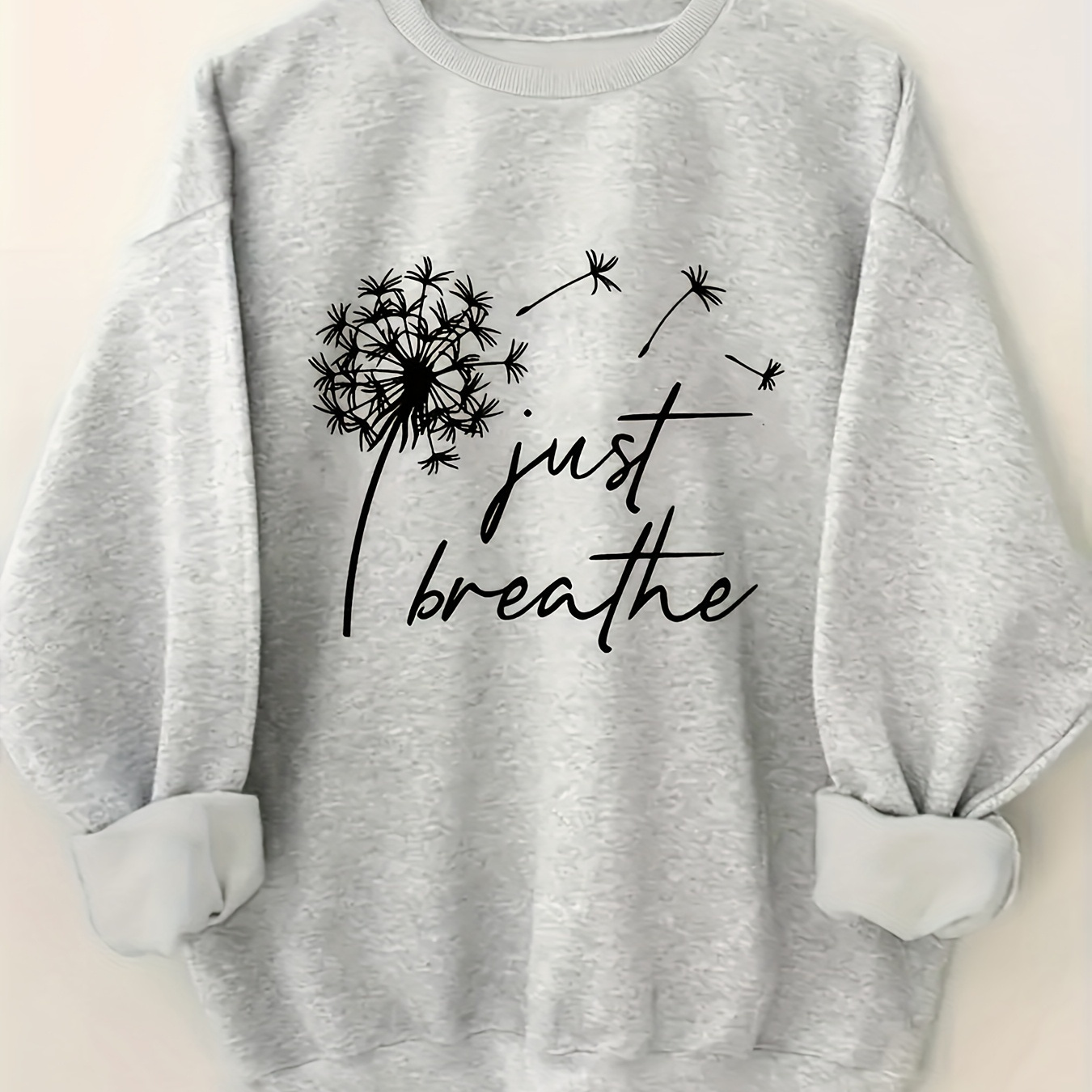 

1pc Women's Casual Crew Neck Sweater With "just Breathe" Dandelion Graphic - Soft Cotton , Knit Fabric, Comfortable Wear