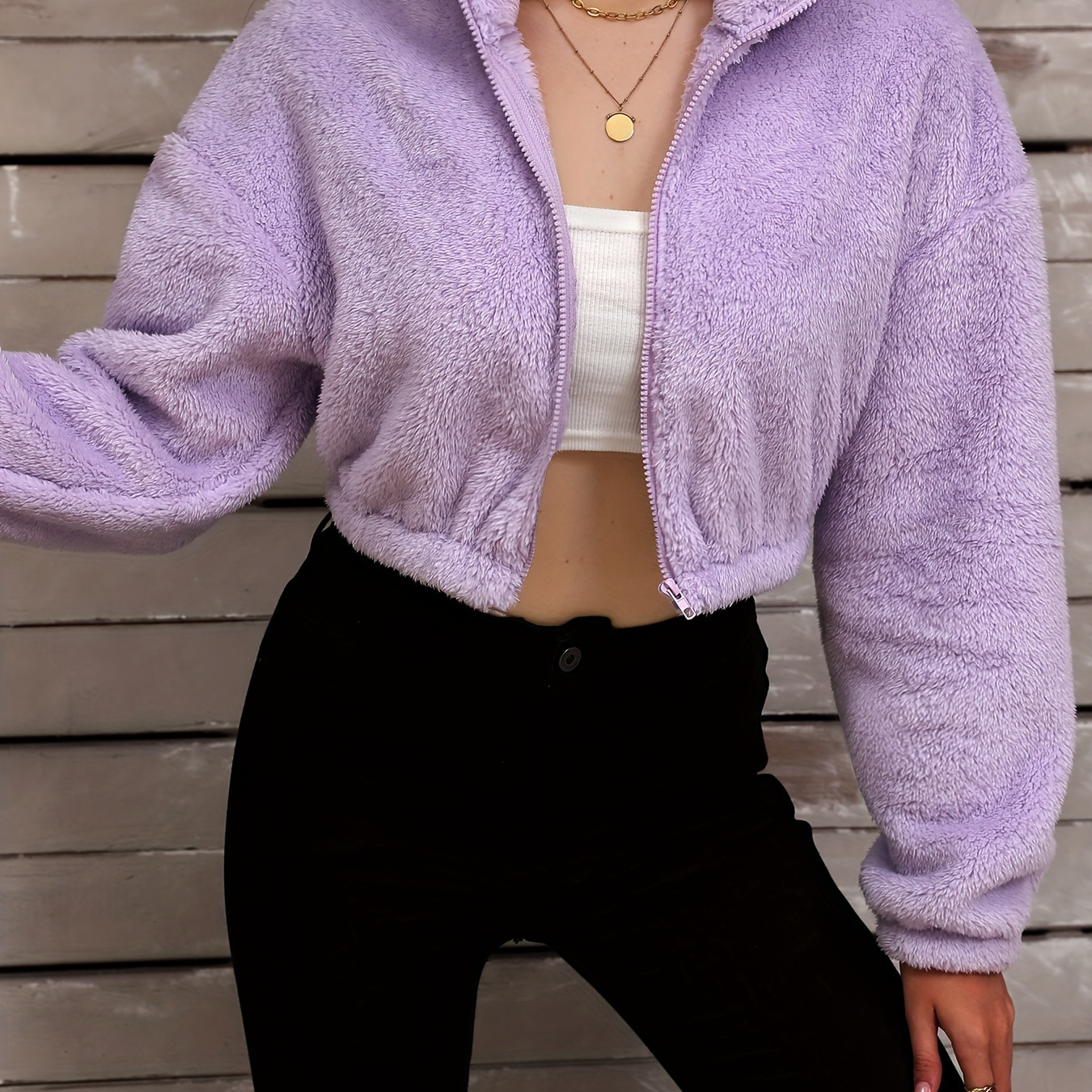 

Casual Cropped Teddy Fleece Jacket With Lapel Collar And Zipper Detail - Women's Solid Color Polyester Spandex Knit Fabric Outerwear For Fall/winter