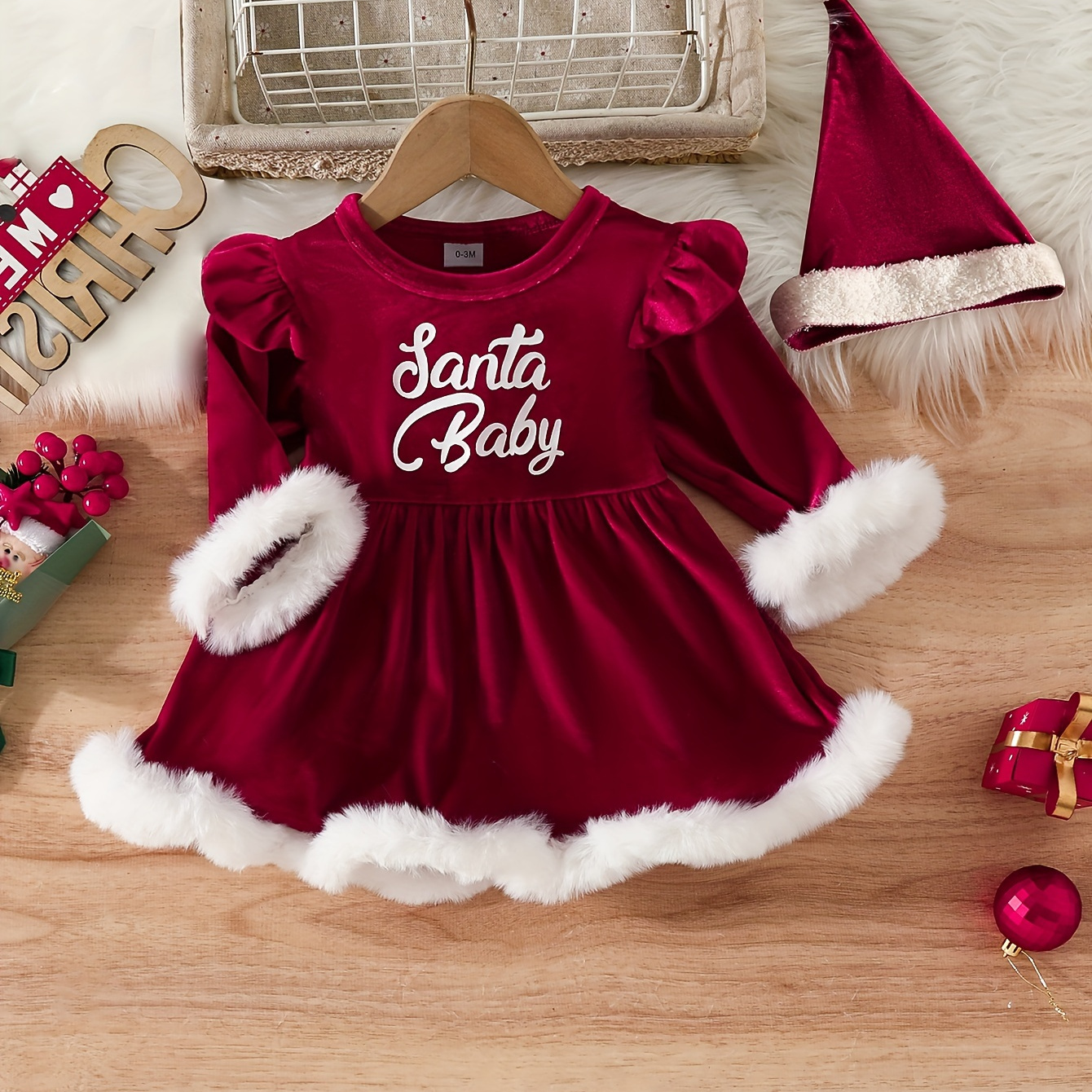 

Baby's Christmas Style Fuzzy Trim Warm Long Sleeve Dress & Hat, Infant & Toddler Girl's Dress For Daily Wear/holiday/party, As Gift