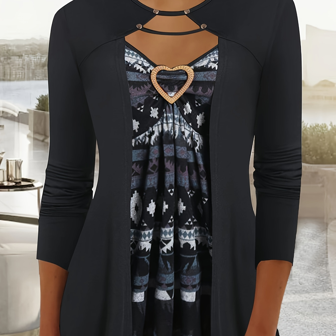 

Print Long Sleeve 2 In , Casual Cut Out Studded Detail Hem Heart Ring Gathered Top For Spring & Fall, Women's Clothing