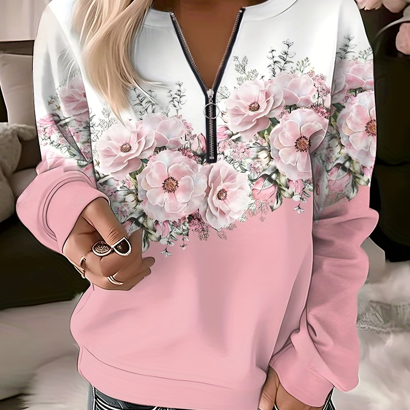 Plus Size Casual Sweatshirt, Women's Plus Colorblock Floral Print Zipper Long Sleeve Round Neck Sweatshirt