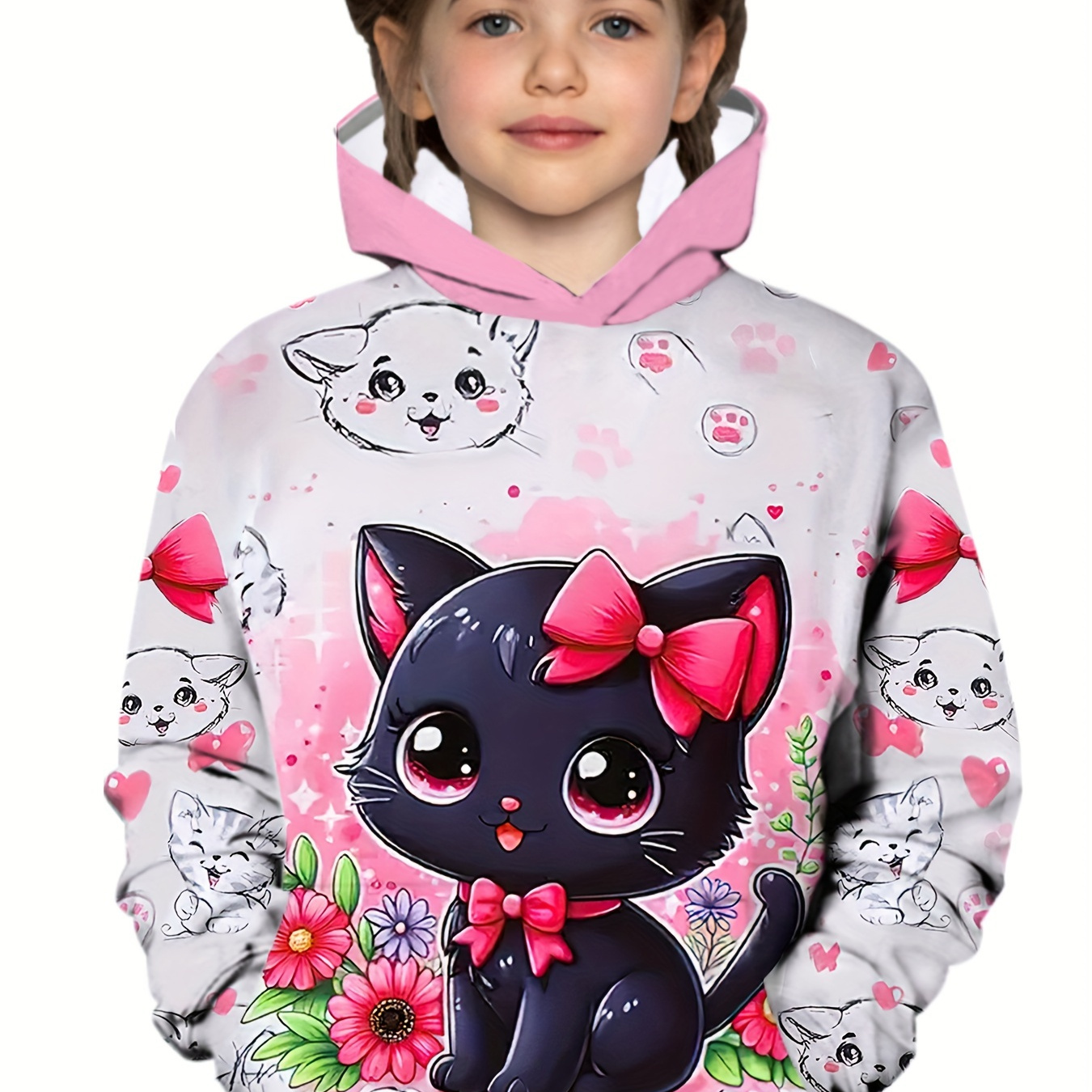 

Adorable Cat-themed Girls' Hoodie - Breathable & Comfy Casual Sweatshirt With Animal Print, Perfect For Fall/winter