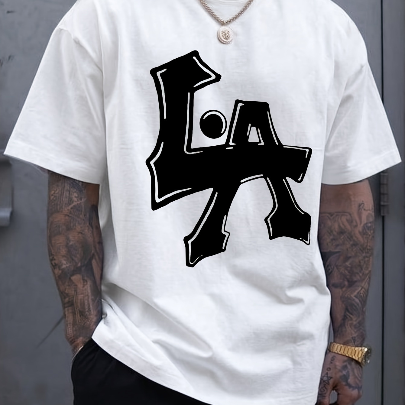 

Men's Los Angeles Print Short Sleeve T-shirts, Comfy Casual Elastic Crew Neck Tops, Men's Clothing