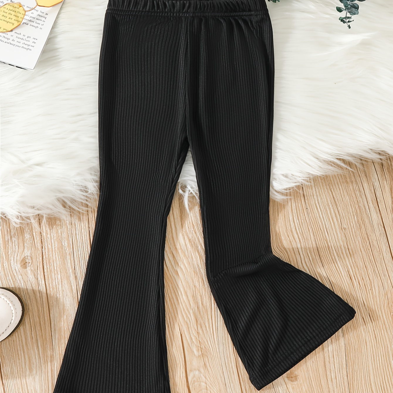 

Girls' Ribbed Bell Bottom Trousers Stretch Slim For Outerwear Kids Flared Tight Pants For Spring And Autumn