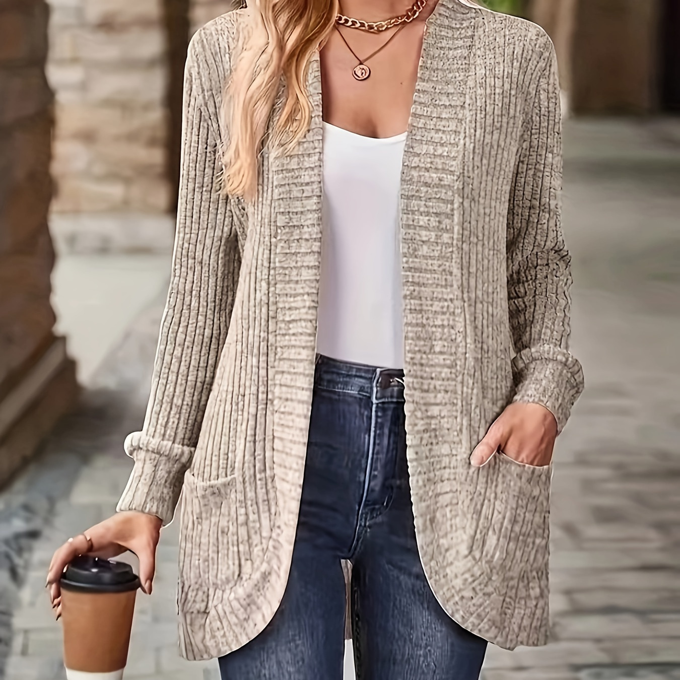 

Women's Elegant Solid Color Knit Cardigan, Polyester 95% Spandex 5% , Medium Stretch, Collarless Long Sleeve Fall/winter Outerwear, 240g/m² Fabric Weight