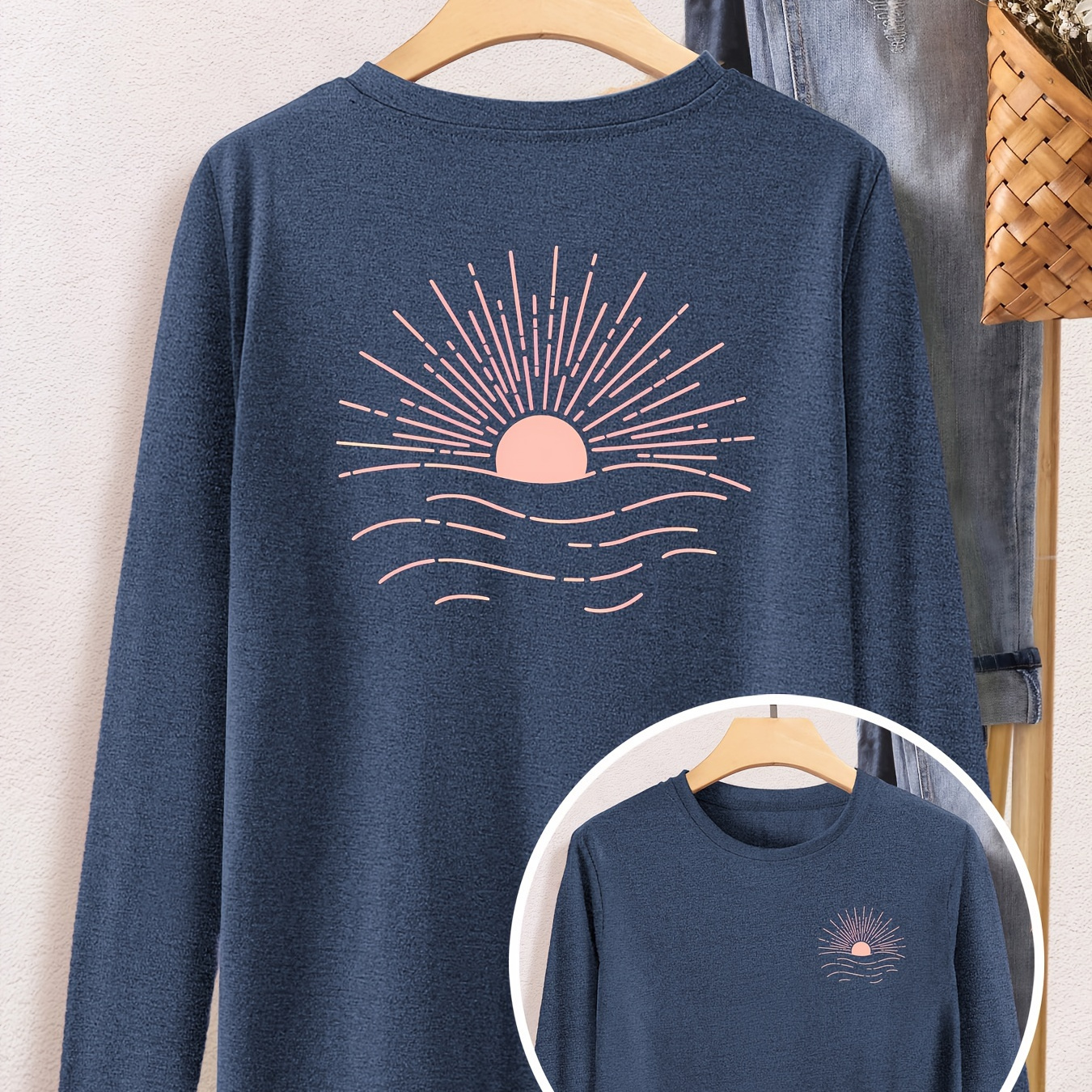 

Sun & Wave Print T-shirt, Long Sleeve Crew Neck Vintage Casual Top For Summer, Women's Clothing