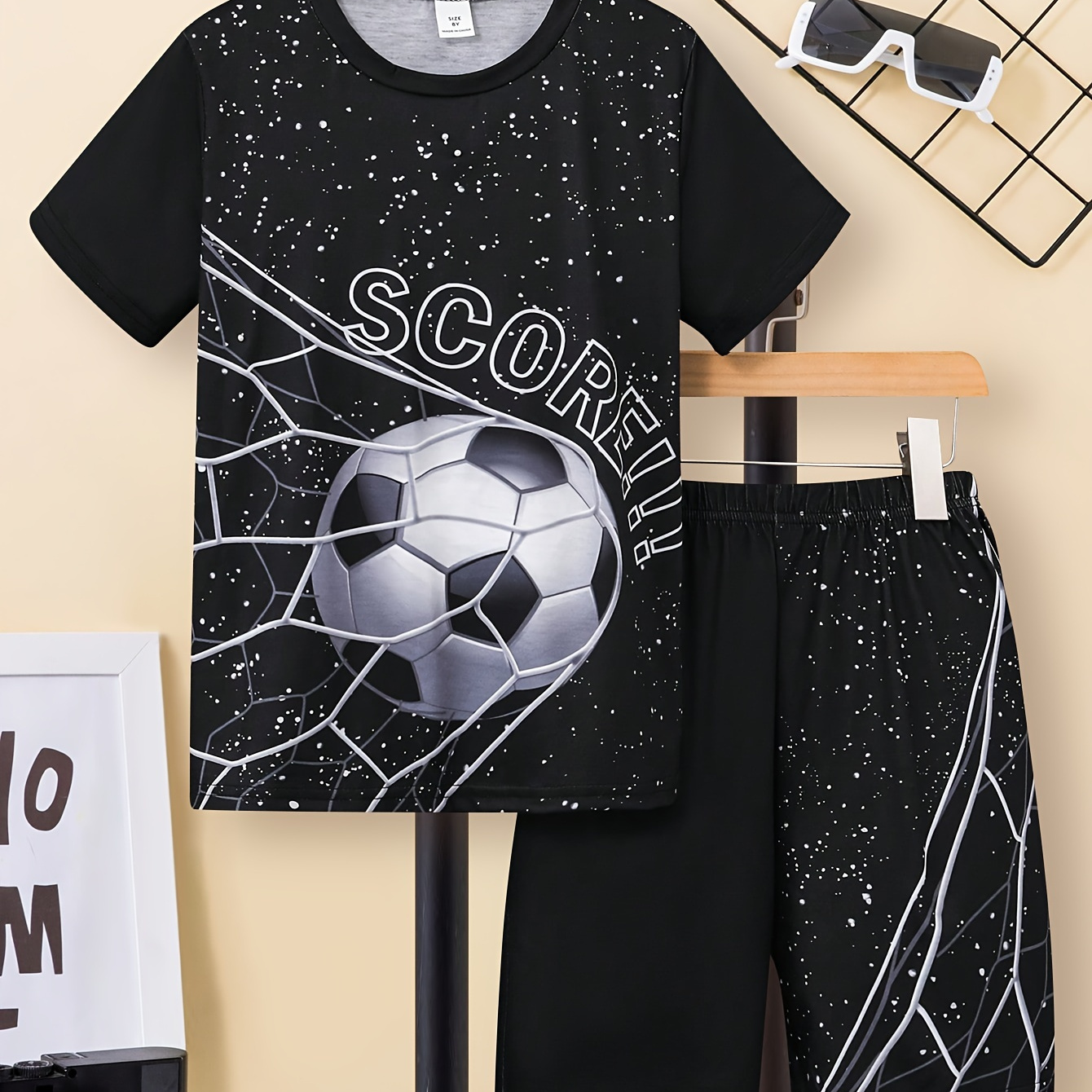 

2pcs Boys Cool Football Graphic Print Short Sleeve T-shirt & Shorts Set, Comfy Summer Boys Clothes