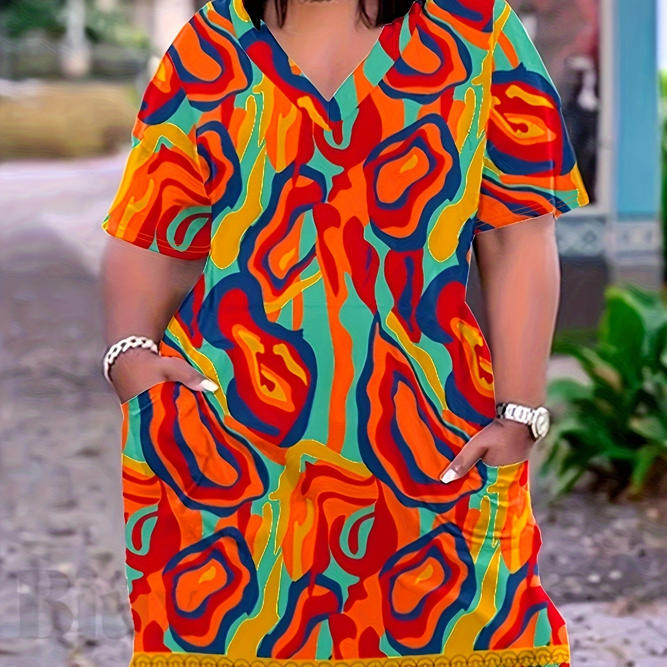 

Plus Size Colorful Print Pocket Dress, Casual Short Sleeve Dress For Spring & Summer, Women's Plus Size Clothing