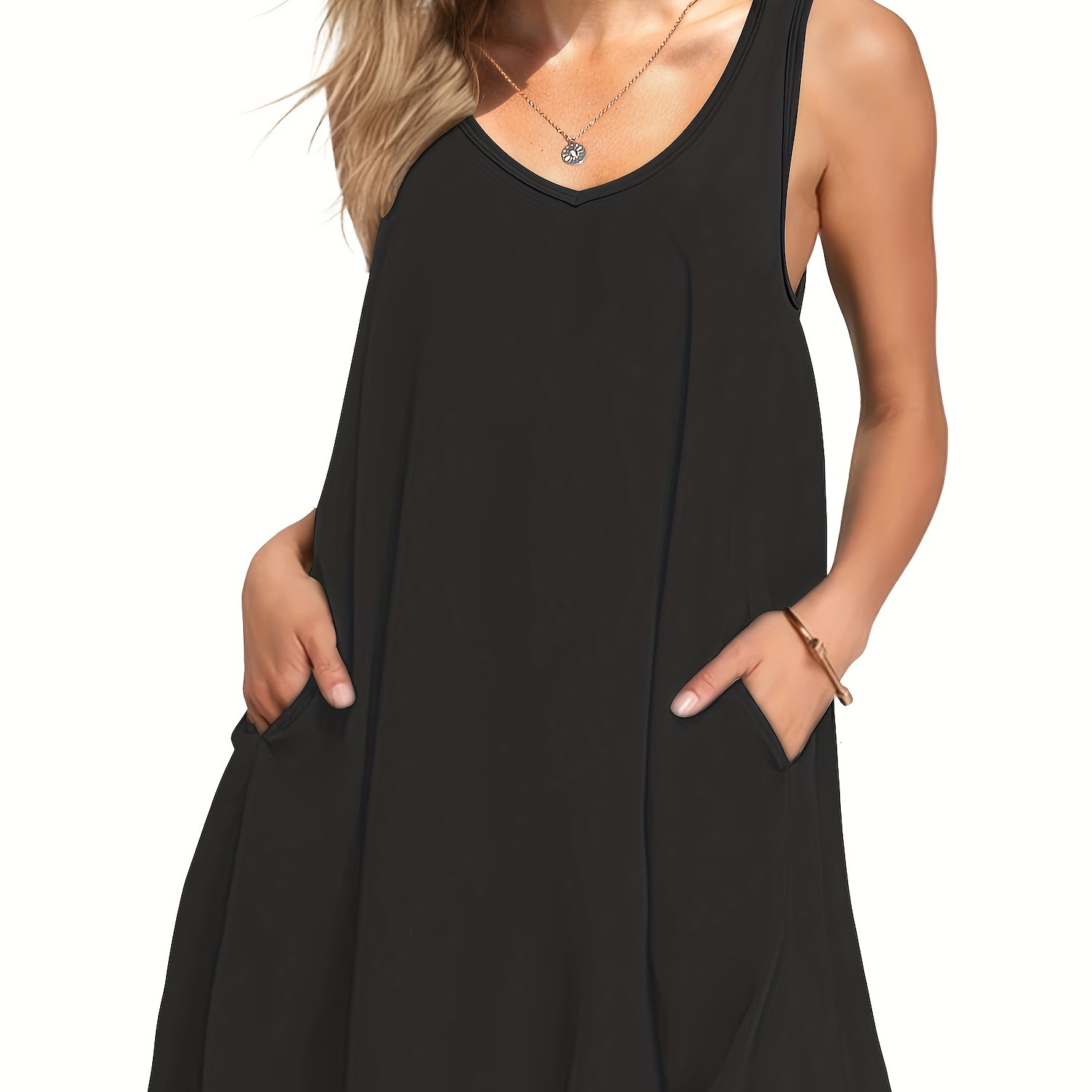 

Solid Side Pockets Sleeveless Tank Dress, Casual V Neck Pleated Tank Dress For Spring & Summer, Women's Clothing