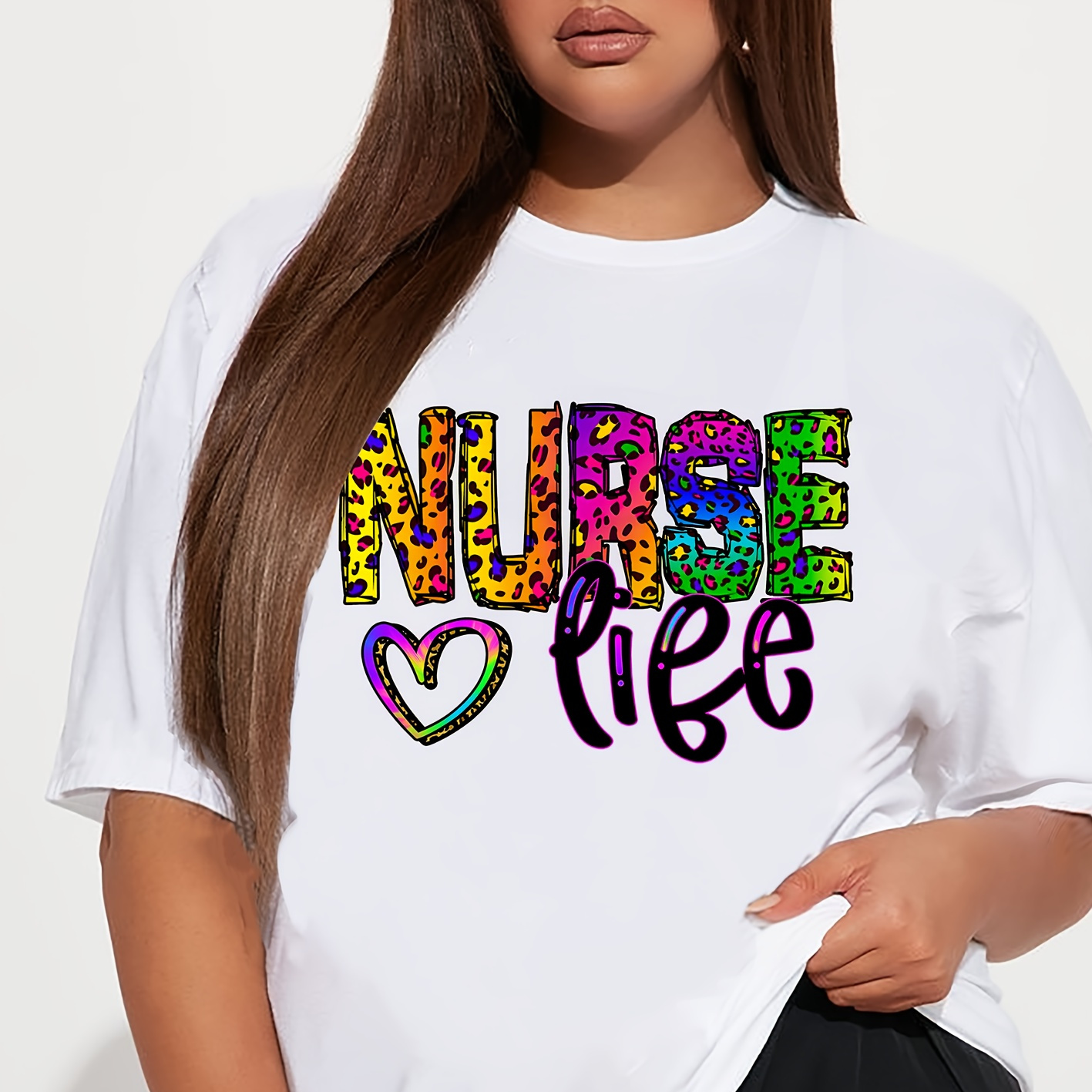 

Plus Size Colorful Nurse Print Casual T-shirt, Round Neck Short Sleeves Fashion Sports Tee, Women's Activewear