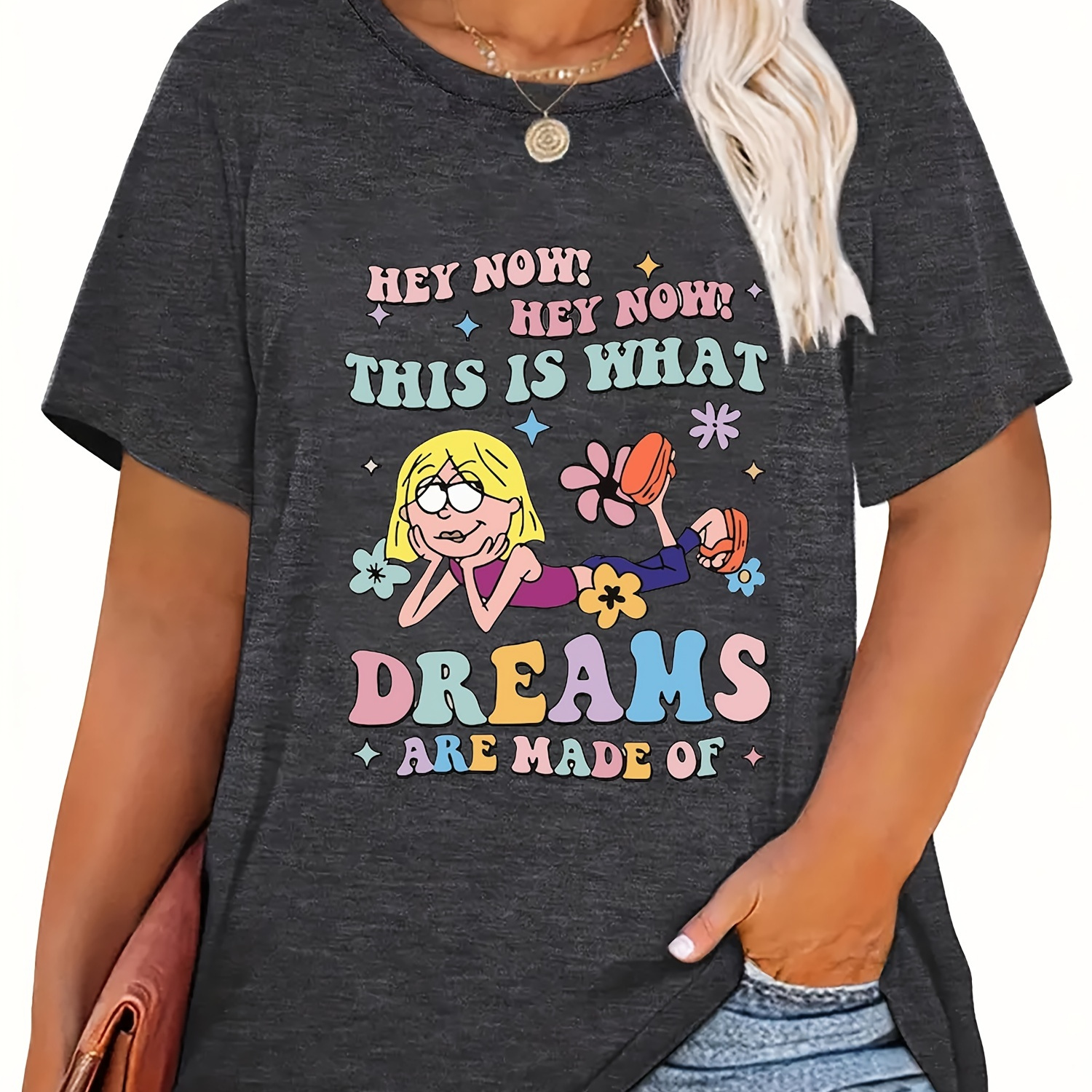 

Plus Size Cartoon & Letter Print T-shirt, Casual Short Sleeve Top For Spring & Summer, Women's Plus Size Clothing