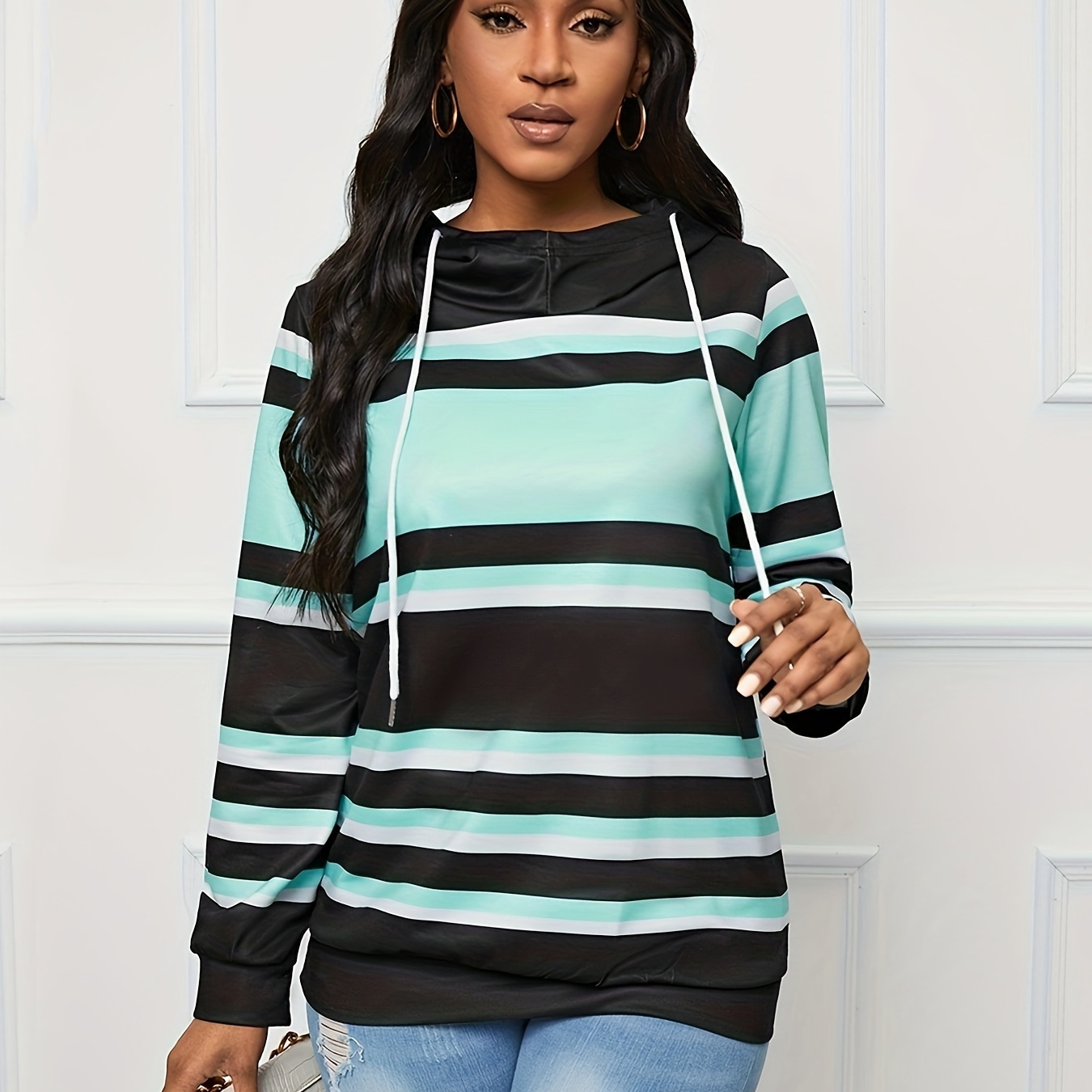 

Color Block Striped Print Hoodie, Casual Long Sleeve Drawstring Hoodies Sweatshirt, Women's Clothing