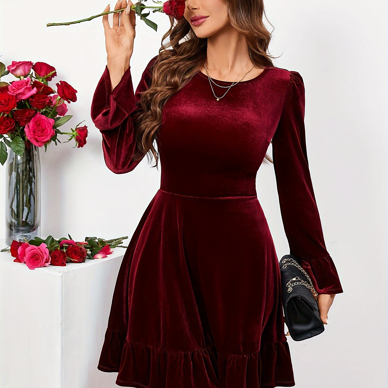 

Elegant Velvet Dress For Women - Long Sleeve, Knee-length, A-, Polyester Knit Fabric, Round Neck, Solid Color, Ruffle Sleeves And Hem, Pad, Adult Spring/fall Collection