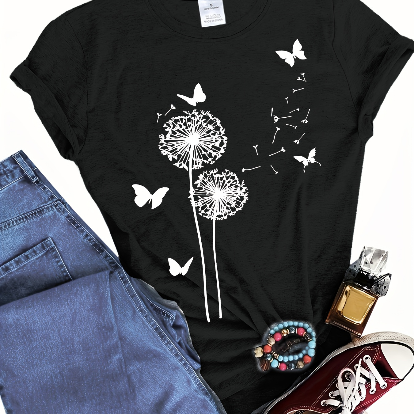 

Dandelion & Butterfly Print T-shirt, Short Sleeve Crew Neck Casual Top For Summer & Spring, Women's Clothing
