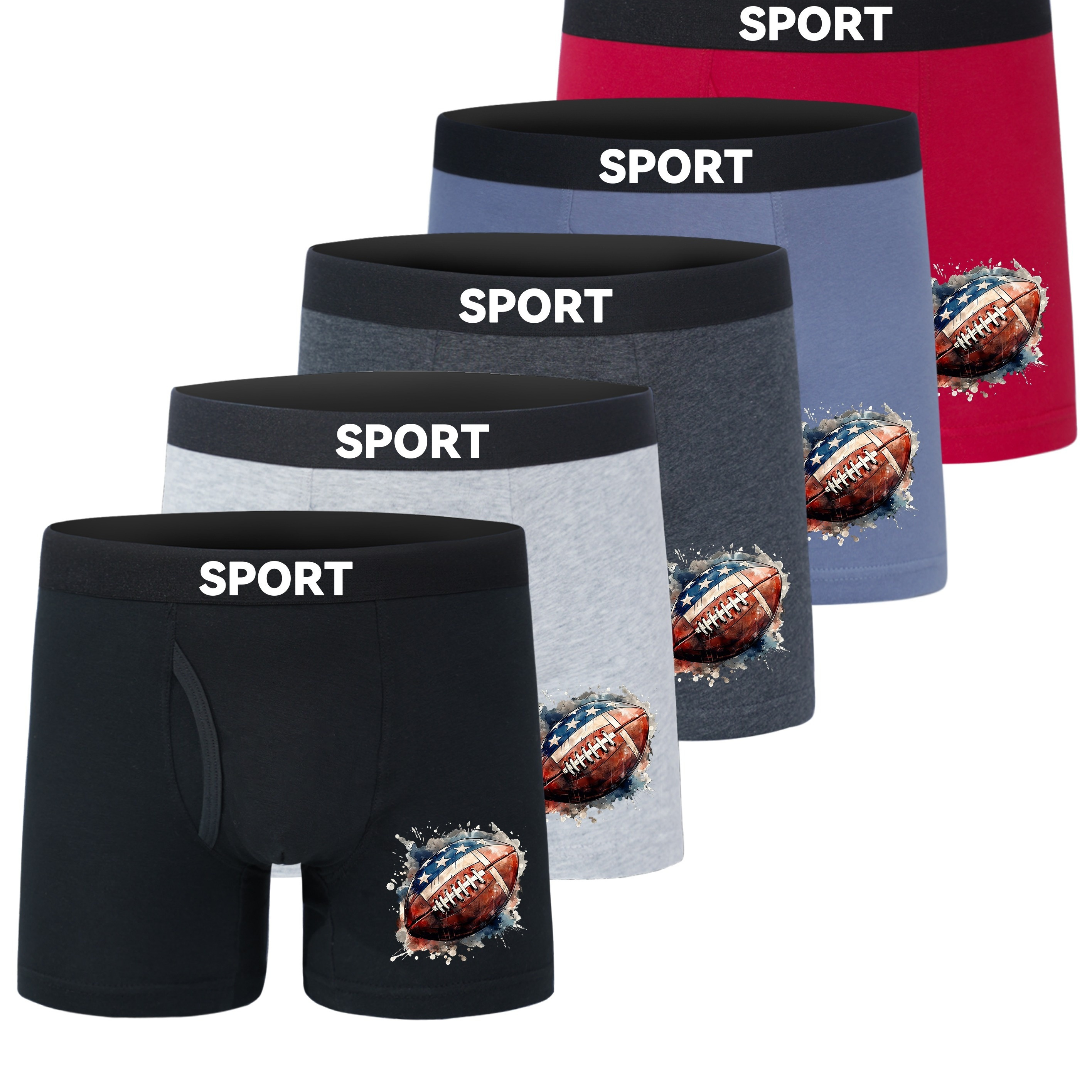 

5 Pcs Boys' Cotton Underwear With Rugby Print, Comfortable, Breathable, Elastic, Suitable For Daily Wear