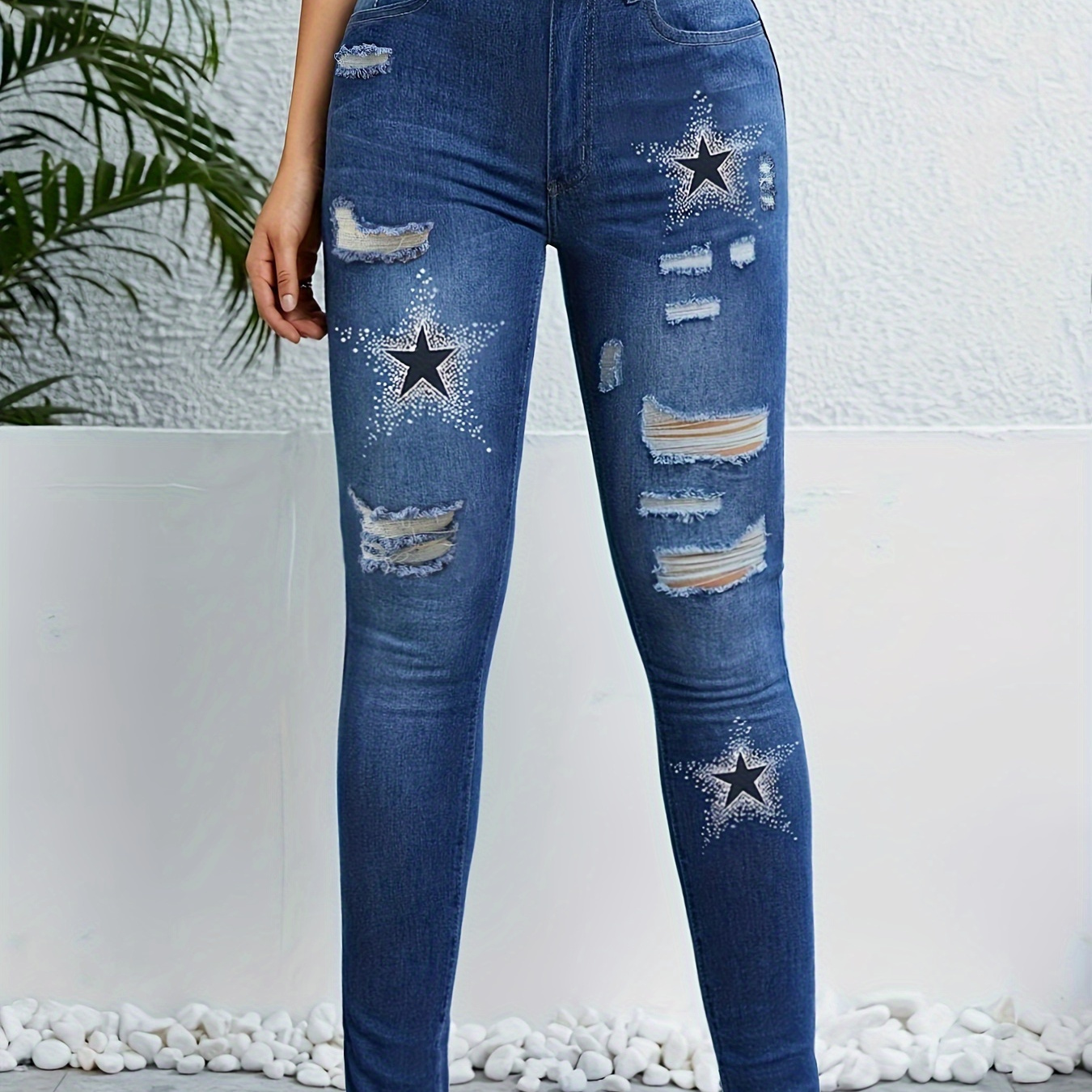 

Blue Ripped Holes Skinny Jeans, Star Pattern Slim Fit Distressed Versatile Denim Pants, Women's Denim Jeans & Clothing